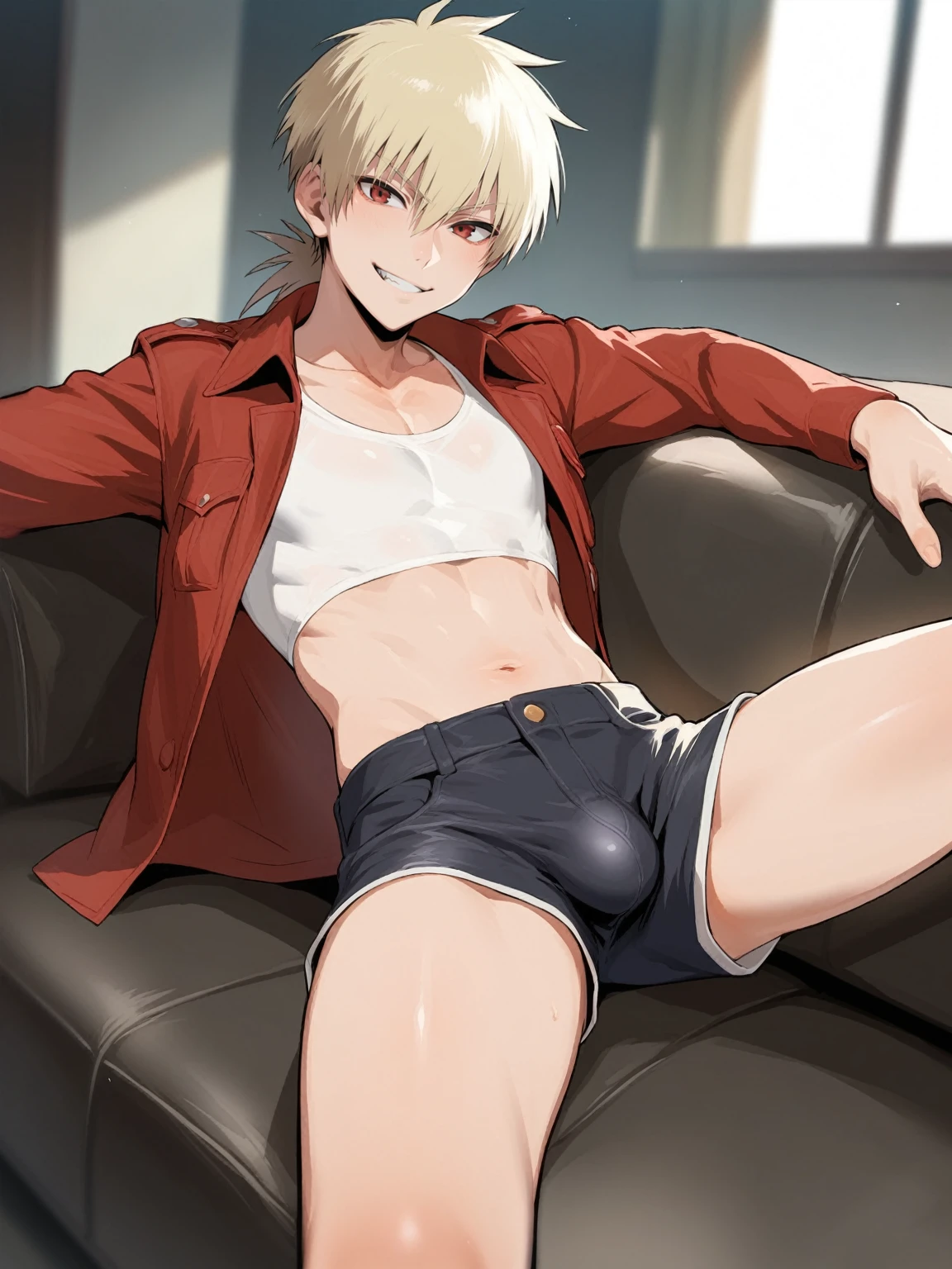 score_9, score_8_up, source_anime, standing, hellsing, seras, femboy, twink, shorts, otoko no, crop top, indoors, ikuchan, smug, smirk, hung, laying down, on couch, couch, spreading legs