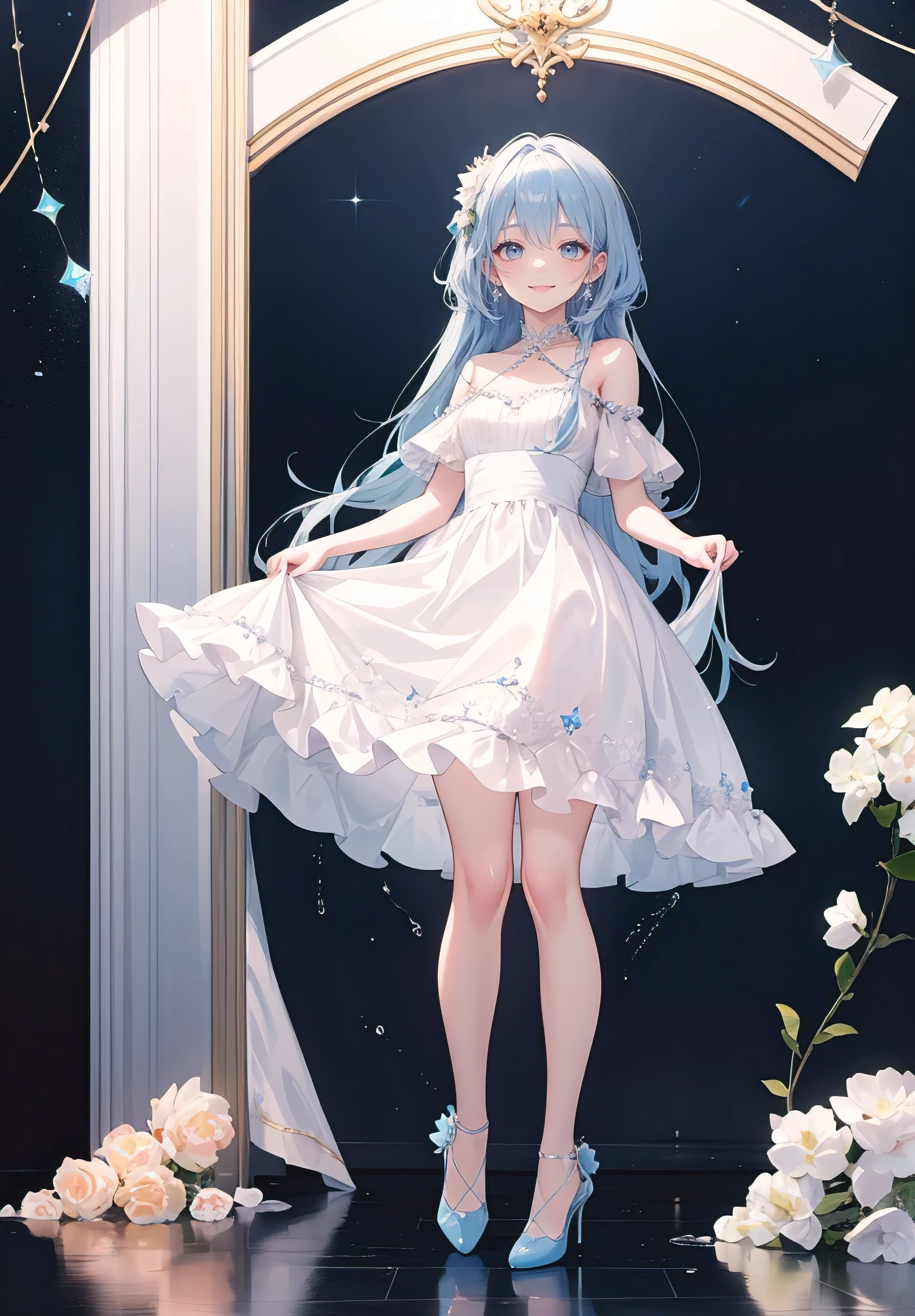 ((Perfect face)),Dark blue to light blue hair,Long hair,1 female,singer，dress，Crystal Slippers,((simple light background)),((Smile)),((whole body)),((whole body)),a character portrait,Role List,upright,High