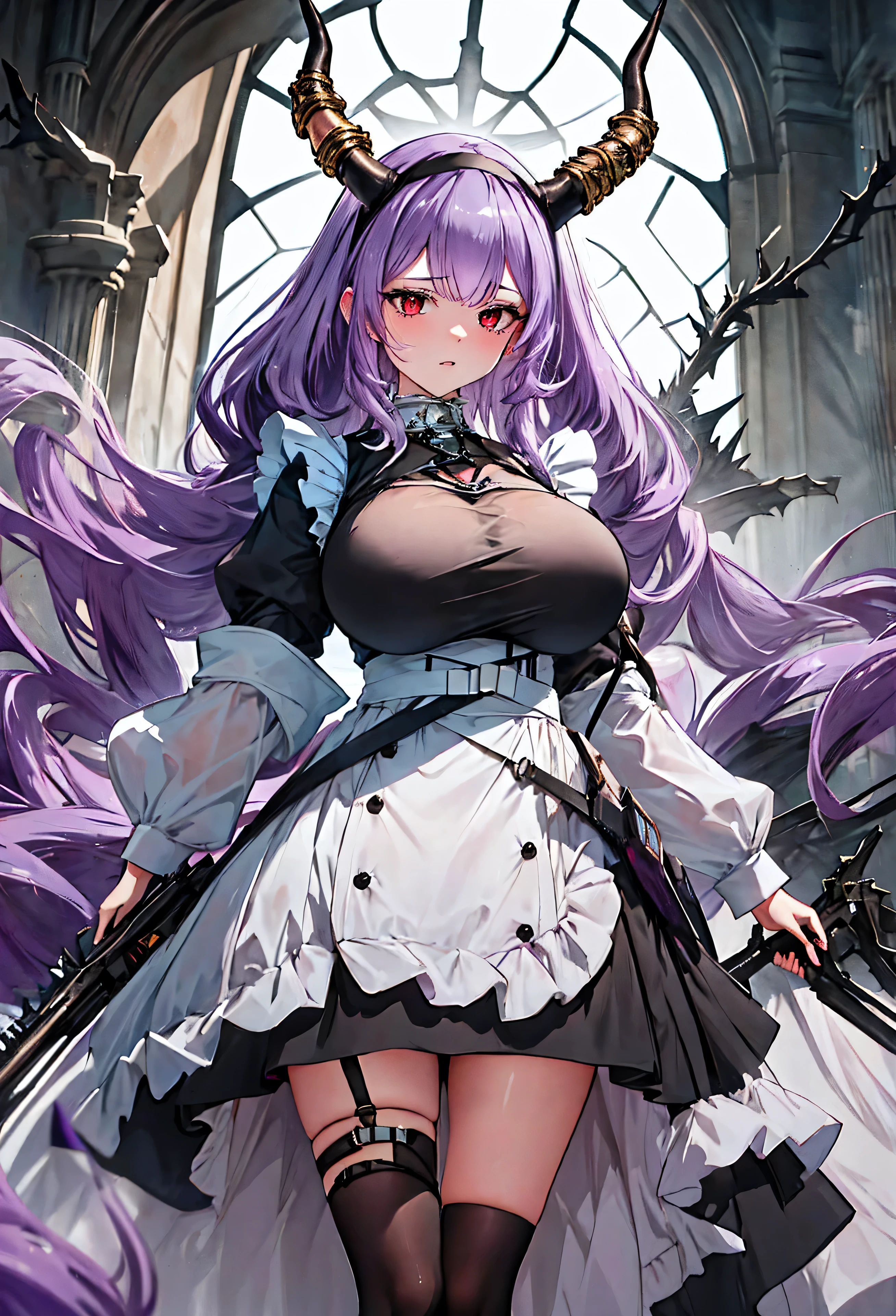 Typhon| Ark Knight, dragon horns, dragon tail, very long hair, hairband, purple hair, red eyes, Huge, enormous breasts,  In a dark night, an eunectes_arknights stands alone, with her very long hair flowing down. She is wearing a hairband and her hair is purple. Her eyes are piercing red. The artwork is of the best quality, a masterpiece in high resolution. The eunectes_arknights is dressed as a maid, wearing a long maid dress that adds a touch of elegance to her appearance. She is 21 years old., Expressing anger, angry,