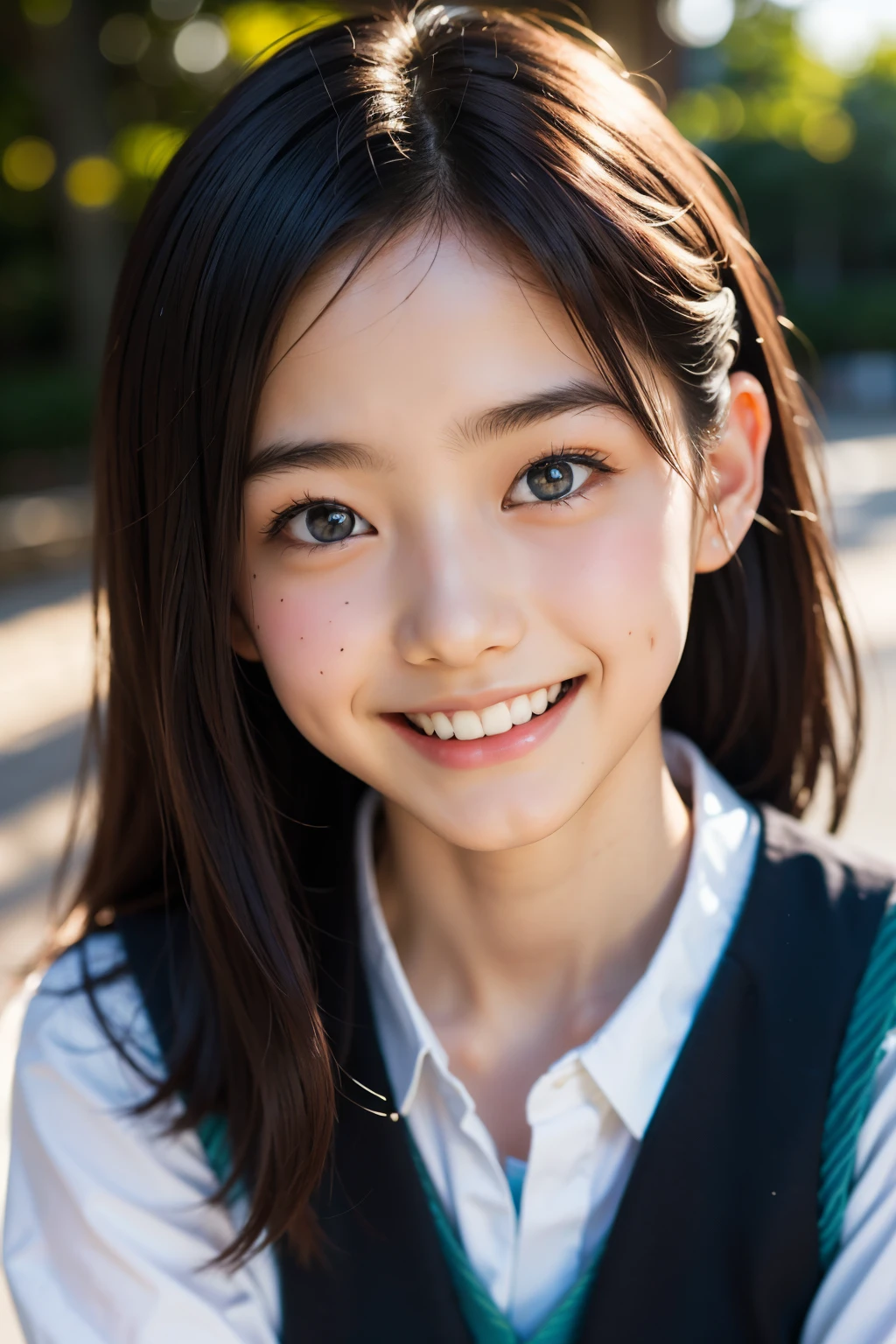 lens: 135mm f1.8, (highest quality),(RAW Photos), (Tabletop:1.1), (Beautiful 16 year old Japanese girl), Cute face, (Deeply chiseled face:0.7), (freckles:0.4), dappled sunlight, Dramatic lighting, (Japanese School Uniform), (On campus), shy, (Close-up shot:1.2), (smile),, (Sparkling eyes)、(sunlight)