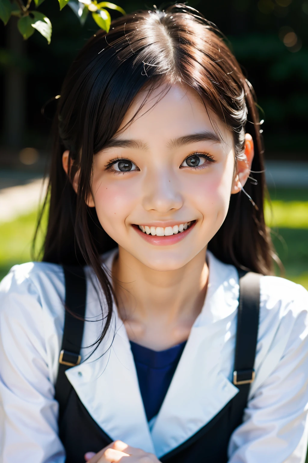 lens: 135mm f1.8, (highest quality),(RAW Photos), (Tabletop:1.1), (Beautiful 16 year old Japanese girl), Cute face, (Deeply chiseled face:0.7), (freckles:0.4), dappled sunlight, Dramatic lighting, (Japanese School Uniform), (On campus), shy, (Close-up shot:1.2), (smile),, (Sparkling eyes)、(sunlight)