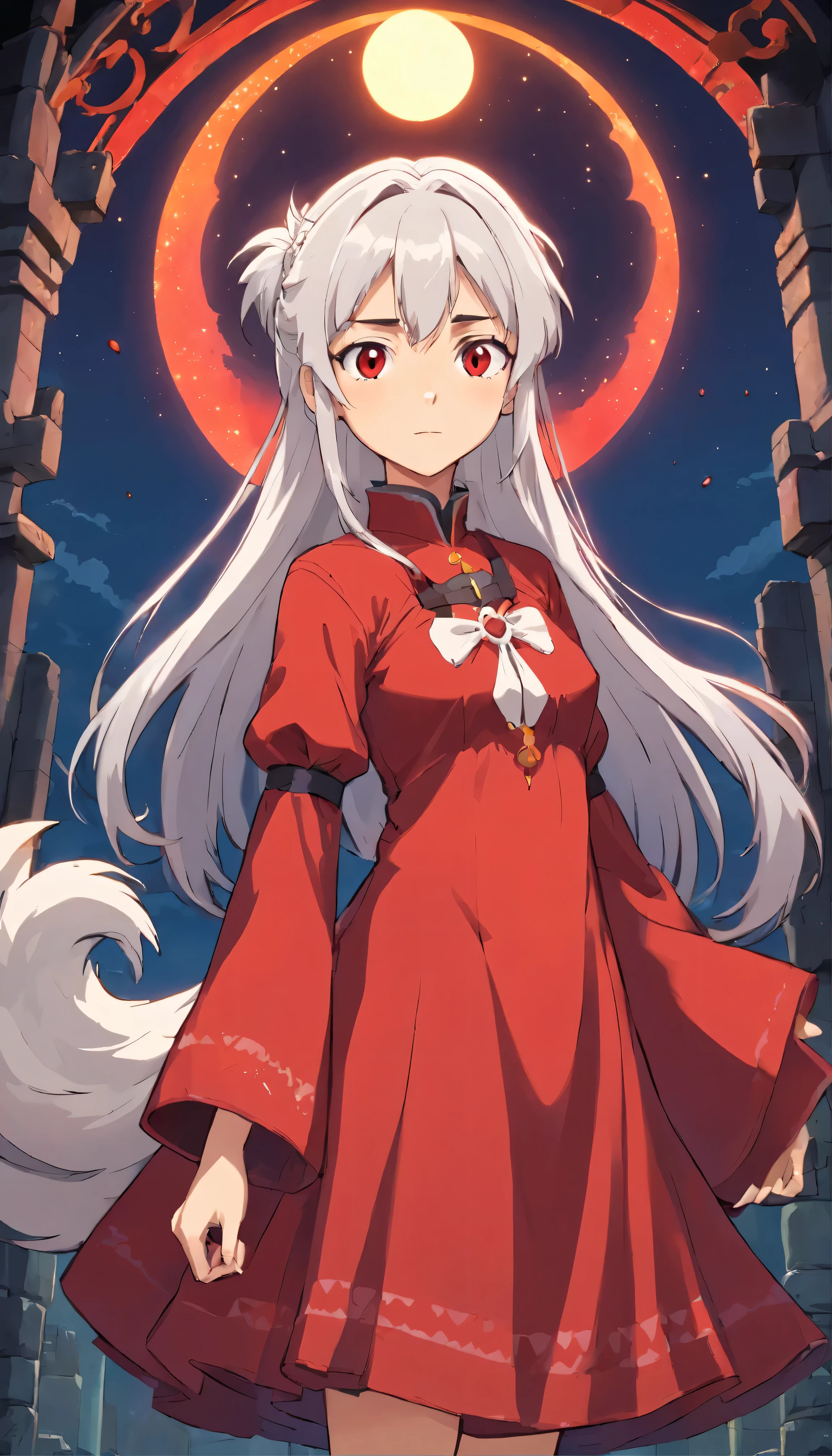 A pixel art masterpiece featuring the lonely figure of a girl with cascading white hair in a ponytail。She is wearing a red gothic dress、The fabric is delicate yet、Menacing against a simple gold background。Her expression is intense、With a death gaze、Solar eclipse background、It exudes an aura of mystery and intrigue.。