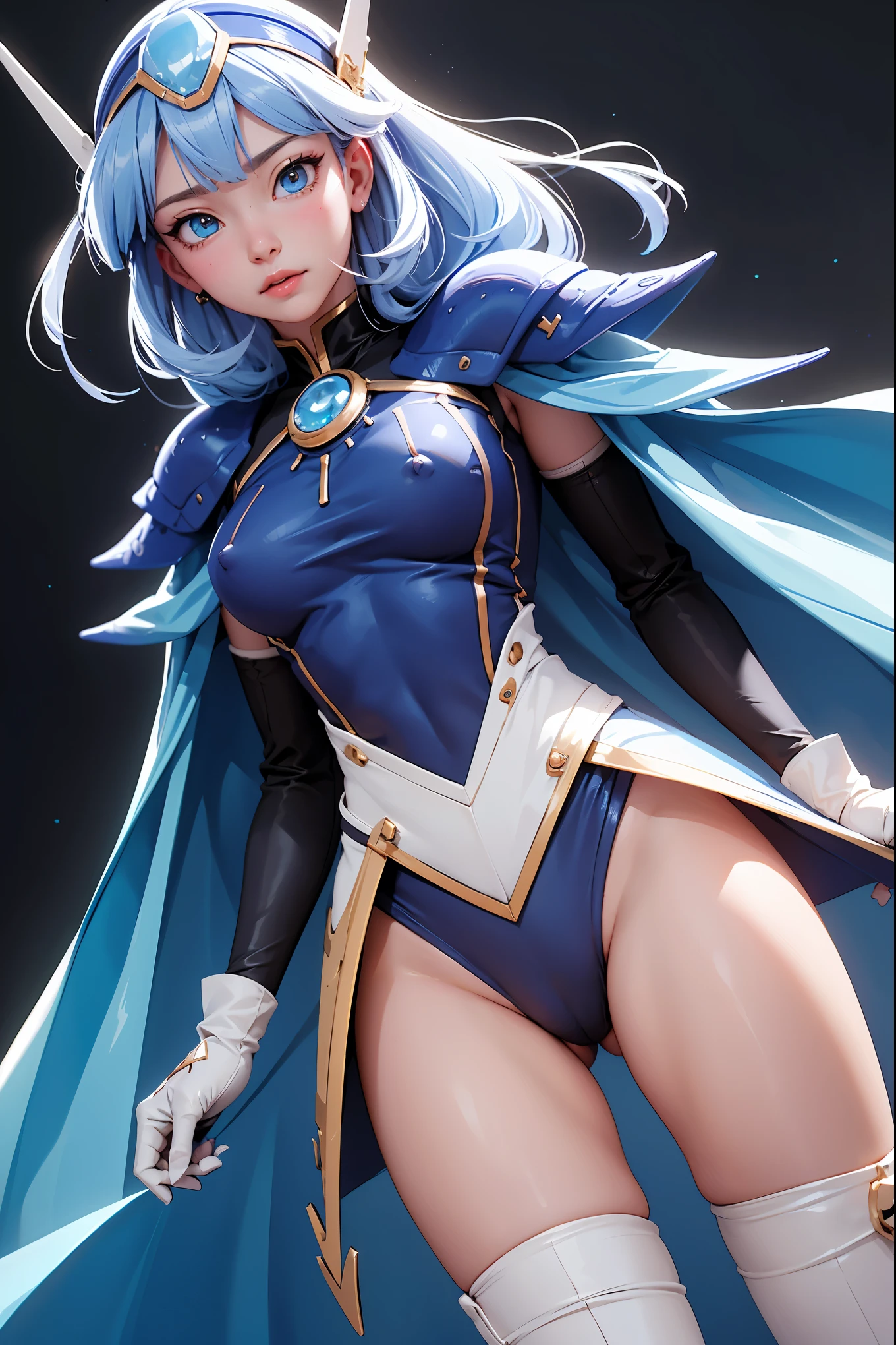 fantasy,1girl umi ryuuzaki hairband headgear, blue armor shoulder armor blue cape elbow gloves leotard white thighhighs,cameltoe,masterpiece,Noise Reduction,perfect anatomy,high resolution, ultra-detailed,game cg,dutch angle ,beautiful detailed eyes,visualart,five fingers, perfect hands, perfect lighting, nsfw, ((showing nipples))