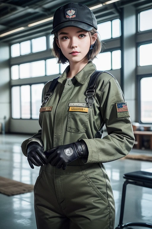 highest quality, ((Professional photos, RAW Photos)), Insanely Real, Very delicate and beautiful, Ultra-high resolution, Realistic lighting and shading, (A realistic image of a very cute female aircraft mechanic, alone), wide々Inside the aircraft hangar, A World War II-era monoplane fighter can be seen in the background...., Aircraft parts scattered on the floor, Maintenance Tools, She is in charge of aircraft maintenance...., (Wearing a long-sleeved mechanic coverall with a military camouflage pattern), (Wear heavy duty mechanic gloves), (Wear a headset), Her hair will be tied up later, Very professional mechanics, Mysterious Smile, ((Very beautiful eyes and face)), (Amazingly beautiful, Natural skin texture), Accurate Eyes, Accurate needle, Overall well-balanced body, ((15-year-old girl, Very short hair:1.3, Cute type, slim, The body is slim:1.3, Baseball cap))