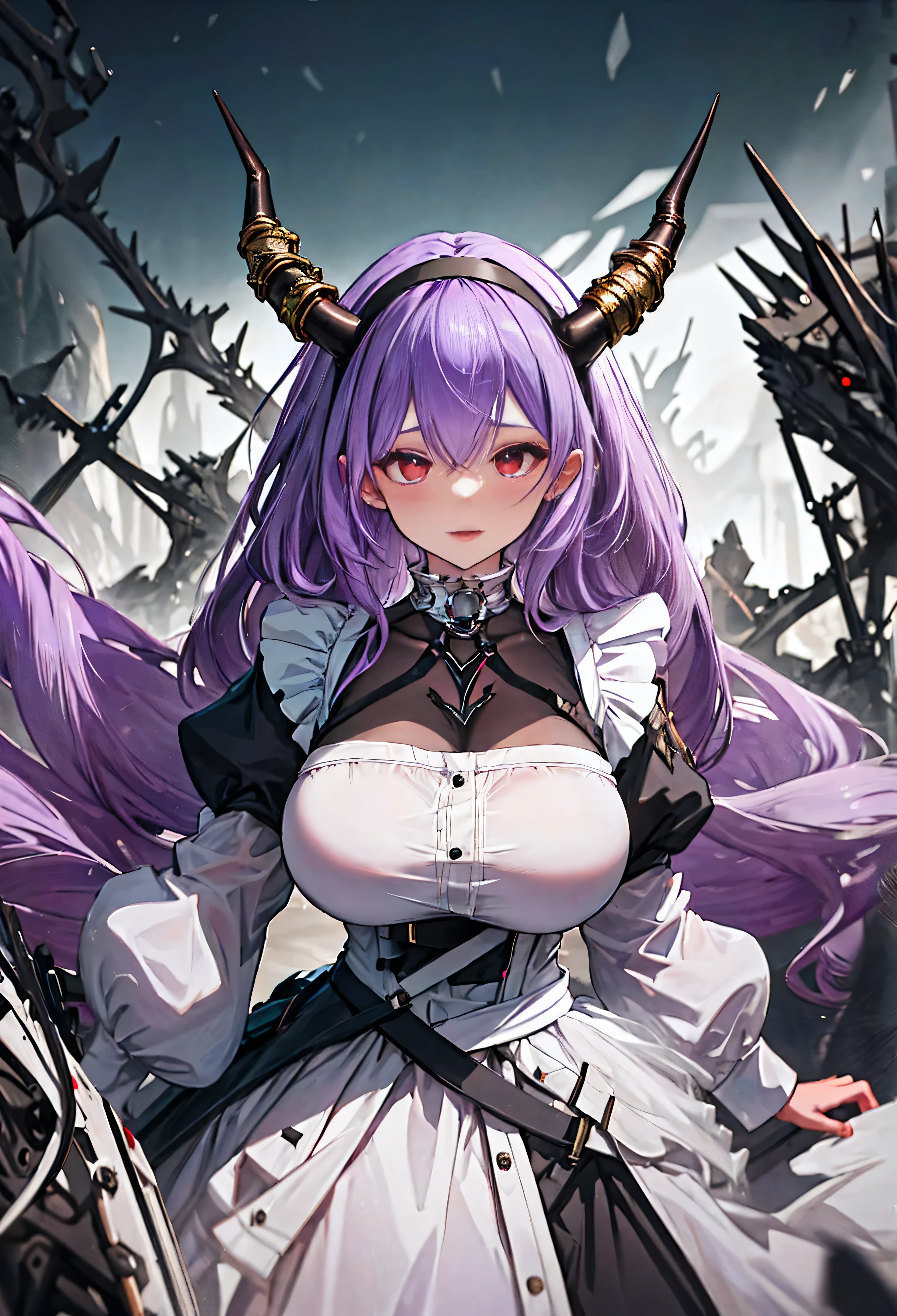 Typhon| Ark Knight, dragon horns, dragon tail, very long hair, hairband, purple hair, red eyes, Huge, enormous breasts,  In a dark night, an eunectes_arknights stands alone, with her very long hair flowing down. She is wearing a hairband and her hair is purple. Her eyes are piercing red. The artwork is of the best quality, a masterpiece in high resolution. The eunectes_arknights is dressed as a maid, wearing a long maid dress that adds a touch of elegance to her appearance. She is 21 years old., Expressing anger, angry,