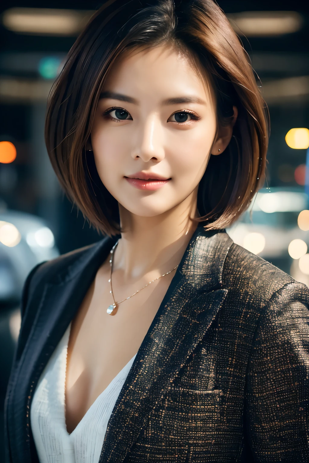 最high quality, 8k, masterpiece, Realistic, high quality, Beautiful and exquisite face and eyes, OL, a stylish suit, Half Body Shot, Professional Lighting, Vibrant colors, Confident expression, Facing forward, (Looking into the camera), short hair, Modern office environment, Warm tones, Sharp details, Glossy finish, Cleavage