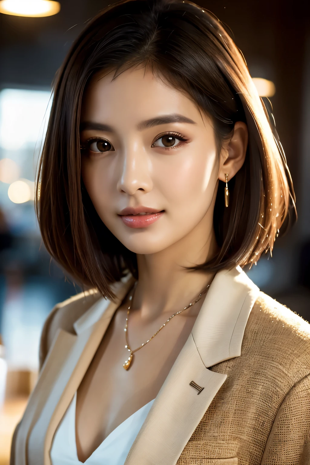 最high quality, 8k, masterpiece, Realistic, high quality, Beautiful and exquisite face and eyes, OL, a stylish suit, Half Body Shot, Professional Lighting, Vibrant colors, Confident expression, Facing forward, (Looking into the camera), short hair, Modern office environment, Warm tones, Sharp details, Glossy finish, Cleavage