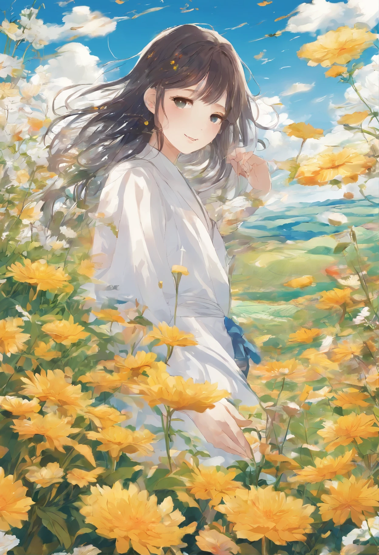 a woman in a field of flowers with a sky background, beautiful digital artwork, realistic digital art 4k, realistic digital art 4 k, beautiful digital art, 4k highly detailed digital art, beautiful digital illustration, gorgeous digital art, 8 k realistic digital art, beautiful digital painting, digital art picture, cute detailed digital art, beautiful gorgeous digital art