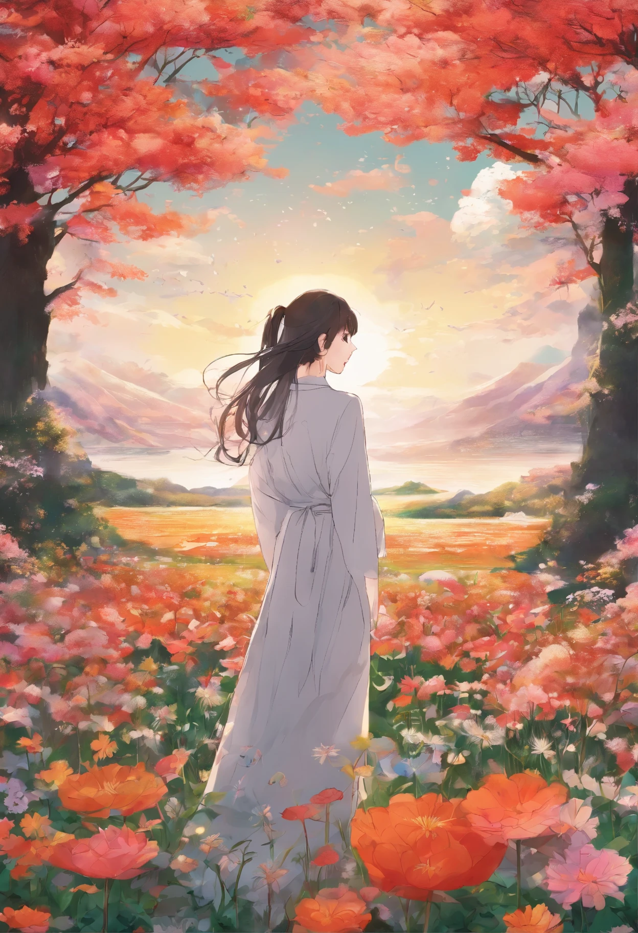 a woman in a field of flowers with a sky background, beautiful digital artwork, realistic digital art 4k, realistic digital art 4 k, beautiful digital art, 4k highly detailed digital art, beautiful digital illustration, gorgeous digital art, 8 k realistic digital art, beautiful digital painting, digital art picture, cute detailed digital art, beautiful gorgeous digital art