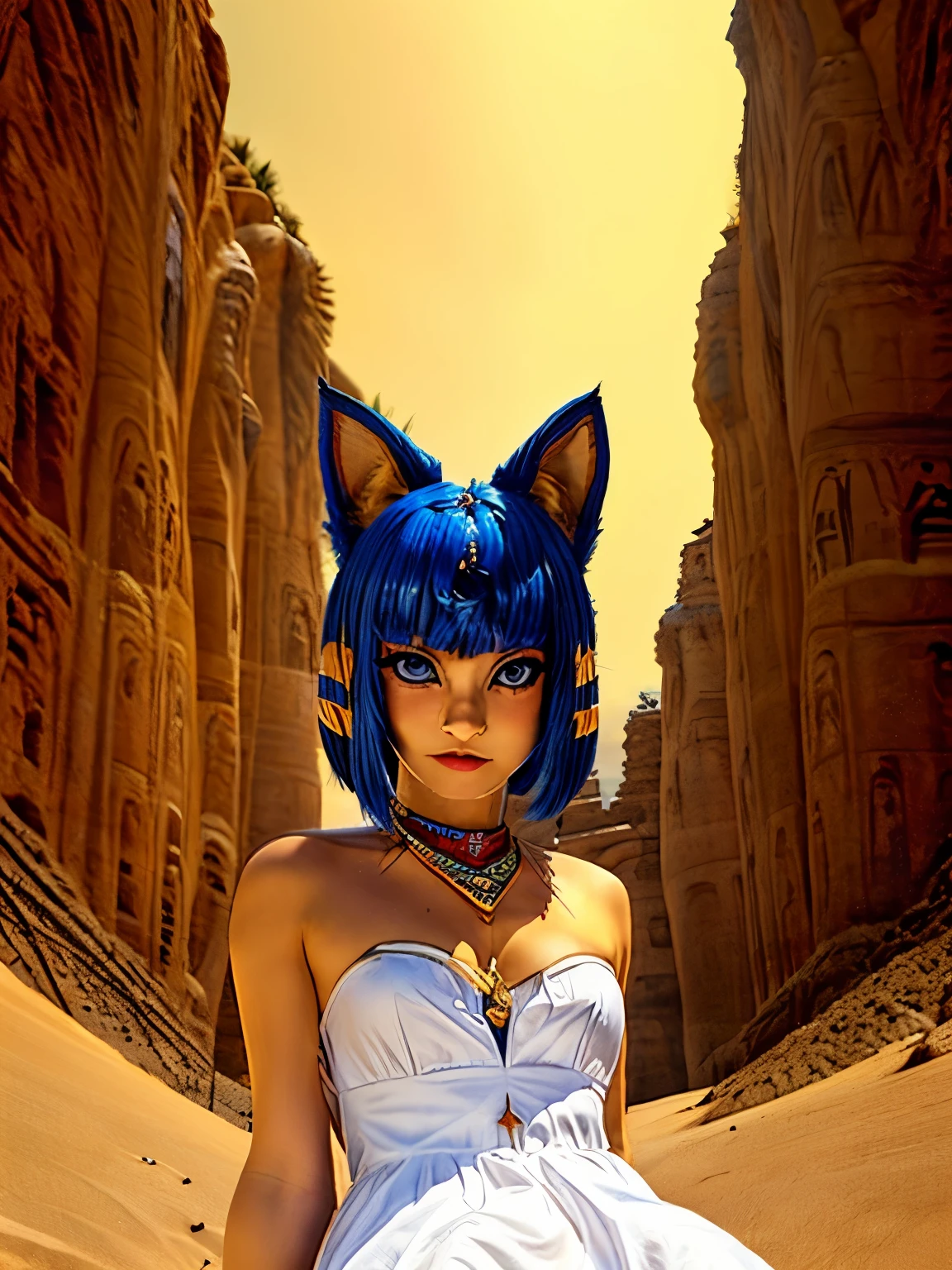 masterpiece, best quality, ultra-detailed, illustration, epic lighting, cinematic composition, 1girl, catgirl, ankha (animal crossing), yellow skin, cat tail, cat ears, short blue hair, bangs, white dress, sitting, (from below:1.1), cowboy shot, expressionless, (looking at viewer:1.1), outdoors, desert, sand, oasis, palm trees, river, pyramid, (8k:1.1)