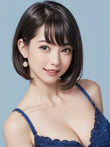 (software:1.8、masterpiece, highest quality),1 girl, alone, have, Realistic, Realistic, Looking at the audience, Light brown eyes, Brunette short bob hair with highly detailed shiny hair, short hair:1.8、Beautiful face in symmetry、Spring Clothes:1.6, Whity, lips, bangs, Outdoor, Mouth closed, Upper Body、Big eyes、eyelash、((Very simple and blue background:1.8))、(((bangs, short hair、Big eyes、big and full bust、Looking at the audience、Beautiful beauty、show me your ears、Long neck、smile、please close your mouth and smile)))、Ideal body type、((({Huge|big|Huge|Mega} Chest 2, Cleavage:2、Happy smile、Beautiful Teeth、)))