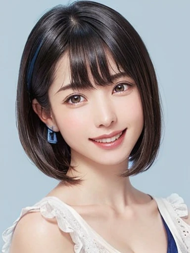 (software:1.8、masterpiece, highest quality),1 girl, alone, have, Realistic, Realistic, Looking at the audience, Light brown eyes, Brunette short bob hair with highly detailed shiny hair, short hair:1.8、Beautiful face in symmetry、Spring Clothes:1.6, Whity, lips, bangs, Outdoor, Mouth closed, Upper Body、Big eyes、eyelash、((Very simple and blue background:1.8))、(((bangs, short hair、Big eyes、big and full bust、Looking at the audience、Beautiful beauty、show me your ears、Long neck、smile、please close your mouth and smile)))、Ideal body type、((({Huge|big|Huge|Mega} Chest 2, Cleavage:2、Happy smile、Beautiful Teeth、)))