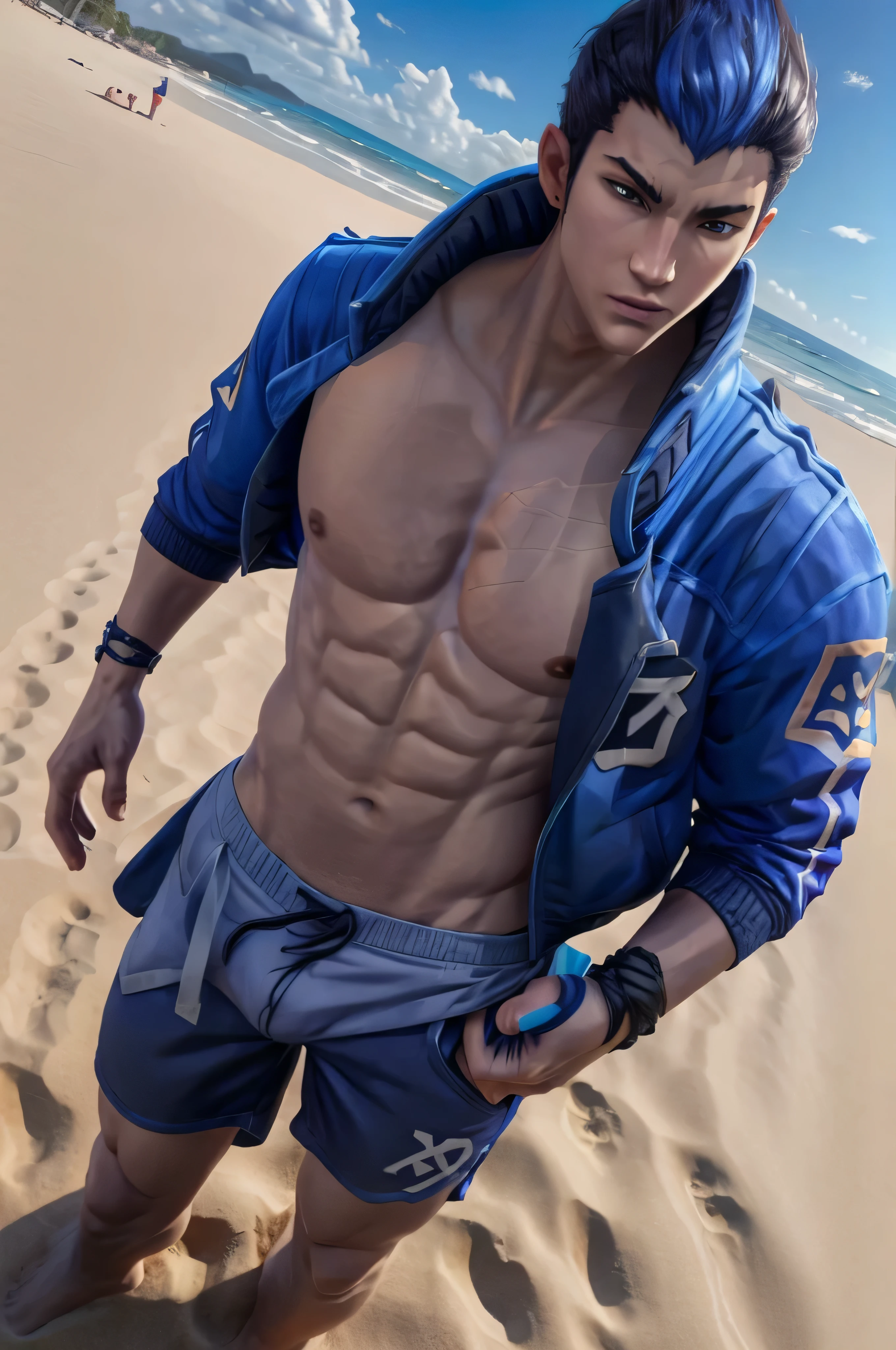 yoru valorant, average body, toned body,
shirtless, fully shirtless, topless, jacket,
blue beach shorts, beach shorts in blue, blue cotton shorts, blue fabric shorts, blue bottom half, BLUE SHORTS,
bulge,
detailed eyes, beach sea background, standing in sand,
camera below, pov from below
