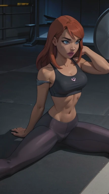 A young Gym girl most beautiful face and perfect body, gorgeous body, sportswear,gry gym leggings , pink sports bra , pink ankle socks, black BROOKS shoes, laying prone, up camera view, full body, bubble butt heartshape, orange hair, crystal blue eyes with eyelashes, looking back to camera