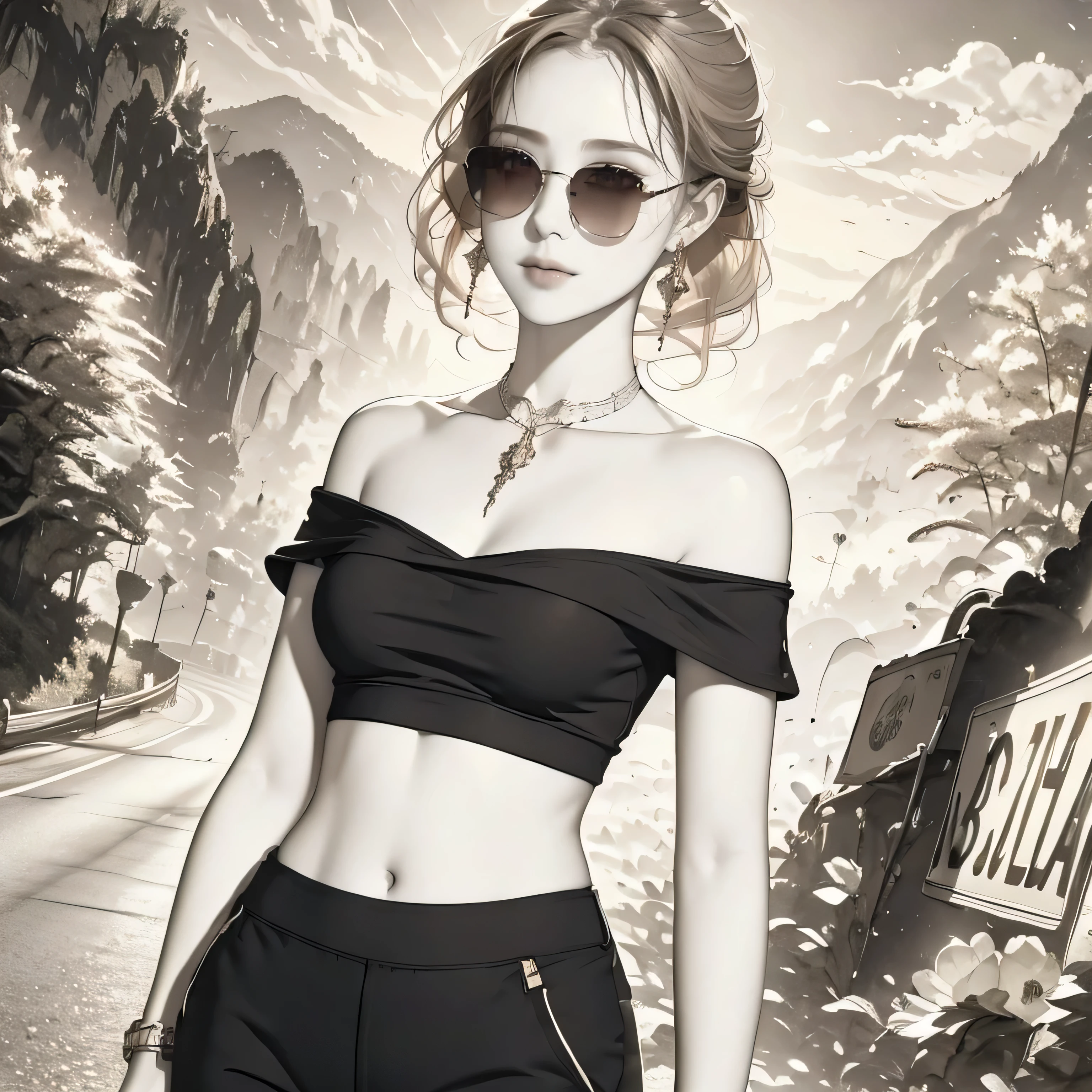 (masterpiece, best quality:1.2), 1 Girl, Solitary,A girl,Red Off-The-Shoulder Tank Top,abdomen,Black tight yoga pants,On winding mountain roads,Wearing sunglasses,Big earrings,Delicate face,The long legs are particularly eye-catching,Standing on the roadside,There are red roses and green grass on both sides of the road,Road signs,Lush,Mountains in the distance