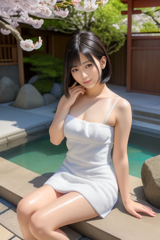 (Realistic: 1.2), highest quality, high quality, highest quality, 8k, (ultra high res), (high resolution), highest quality, masterpiece, realistic human body in every detail, realistic skin in every detail, realistic face in every detail, realistic in every detail Reproduction, realistic lips in every detail, realistic ears in every detail, realistic hair in every detail, weapons realistic in every detail, realistic reproduction in every detail, realistic fingers in every detail, (beautiful hands), realistic feet in every detail, ( (Beautiful Japanese girl)), (Japanese model), (Japanese woman), ((24 year old beautiful girl)), (Black hair), (Medium bob hair), ((Full body)), ((Beautiful breasts) ), (Slim style), (Glossy skin all over), (Fair skin), White towel, Small towel, ((Wrap a small towel around the body)), ((Small towel dress)), (Soft natural light), (Open-air bath by the cherry blossoms), (Open-air bath), (Real rock bath), (Hot spring girls), (Sitting in the hot spring), (Clear water), (Unclouded water),