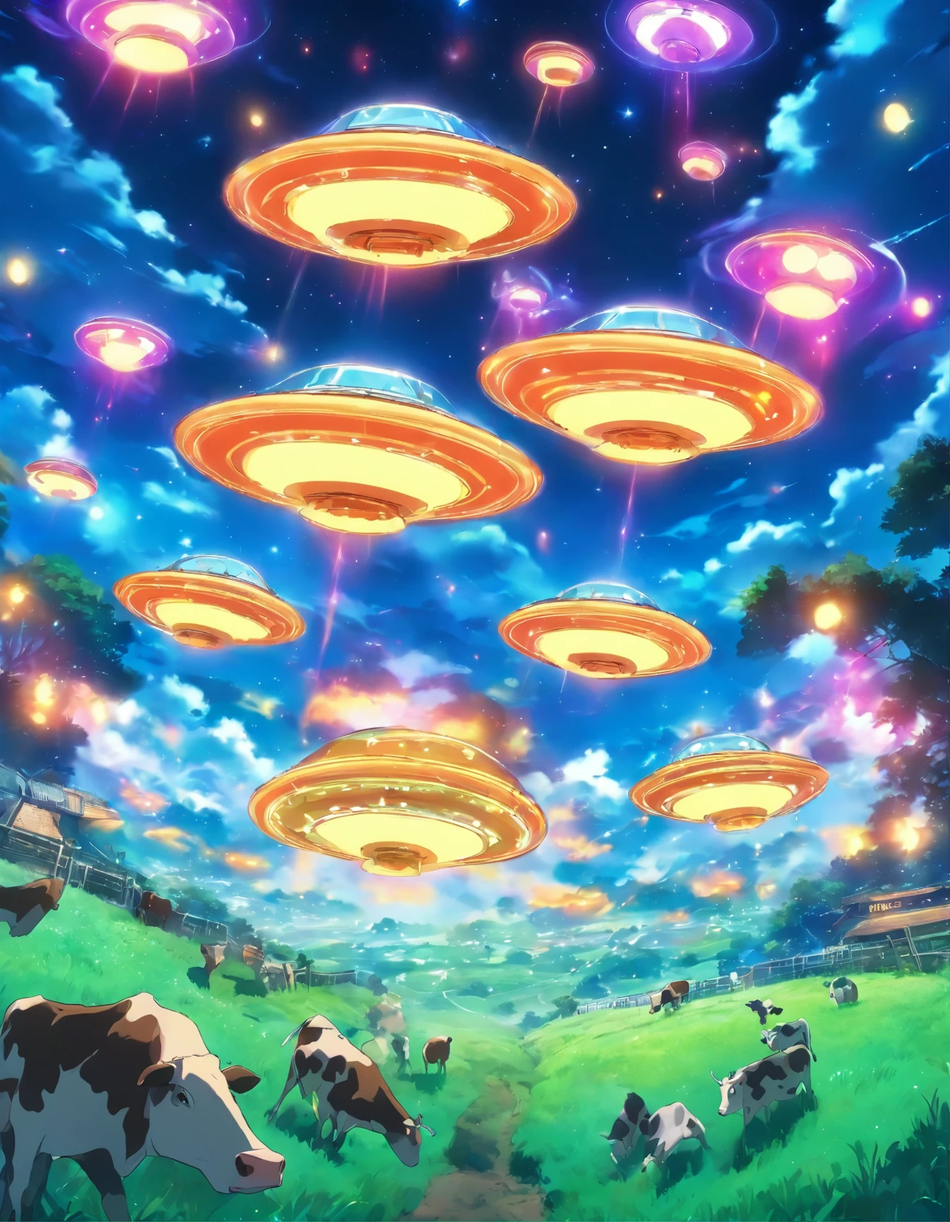 Flying saucers beaming up cows in a field at night.