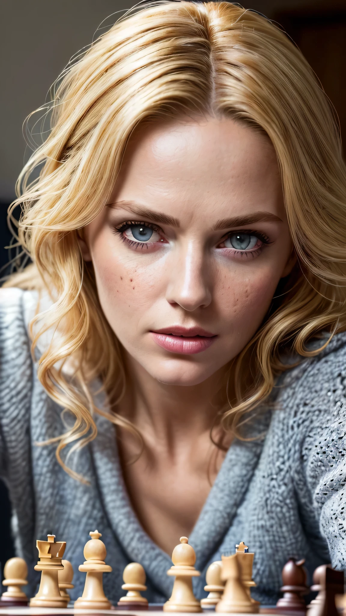 ((best quality: 1.5)) ((masterpiece)), intricate details, sharp focus, professional, real life, realistic representation of the face, dynamic pose, in the style of realistic and hyper detailed renderings BREAK ((detailed middleaged woman, (([blonde hair:purple hair:0.8], messy frizzy hair, ([flat chest:medium breasts:0.8], couch, night, dim lighting, firelight, looking away, dark gothic makeup, black lipstick, ((soft sweater, (sweatpants, chess board, closeup chess))), freckles: 0.6), photorealistic, hyper-realistic, 8K