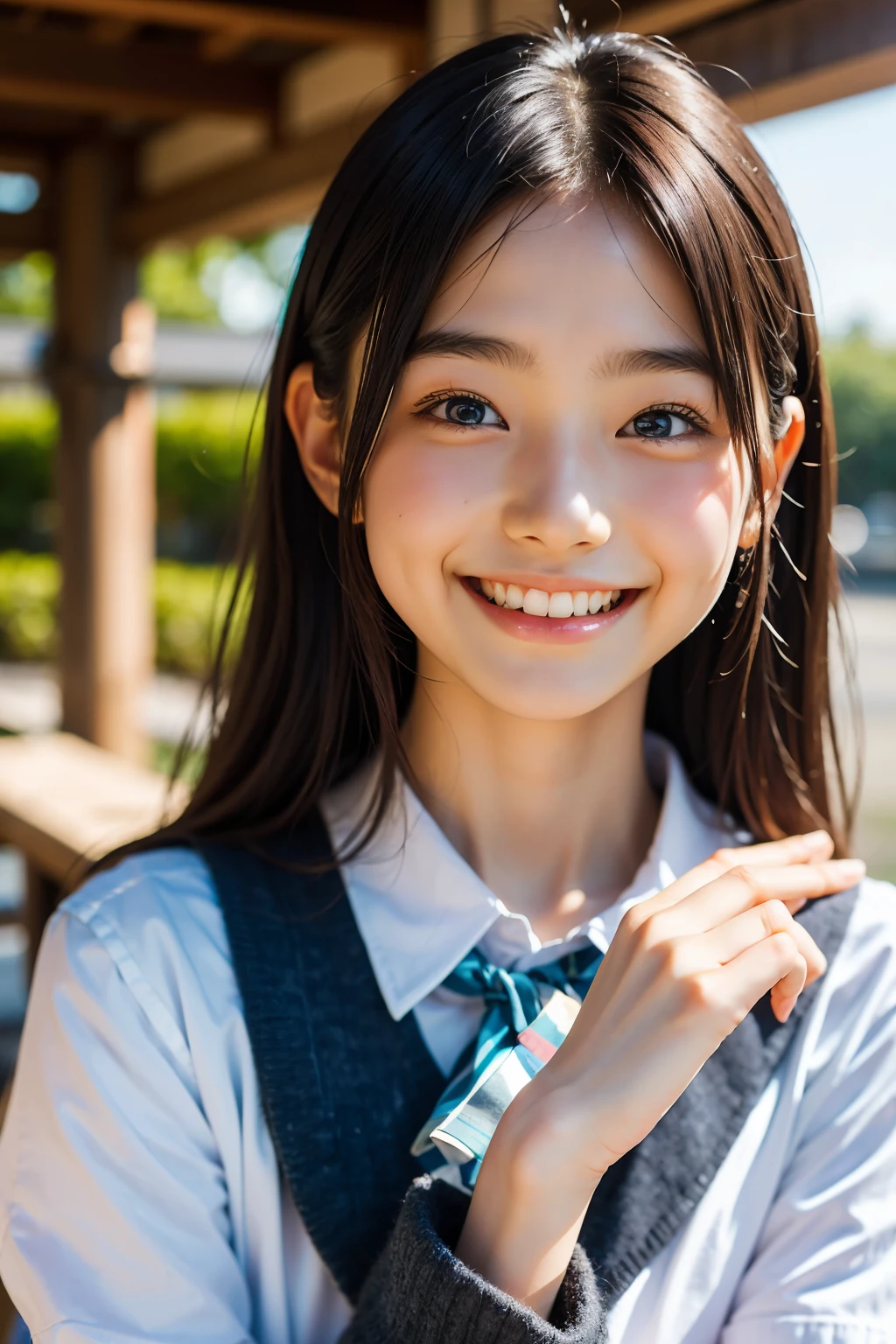 lens: 135mm f1.8, (highest quality),(RAW Photos), (Tabletop:1.1), (Beautiful 16 year old Japanese girl), Cute face, (Deeply chiseled face:0.7), (freckles:0.4), dappled sunlight, Dramatic lighting, (Japanese School Uniform), (On campus), shy, (Close-up shot:1.2), (smile),, (Sparkling eyes)、(sunlight)