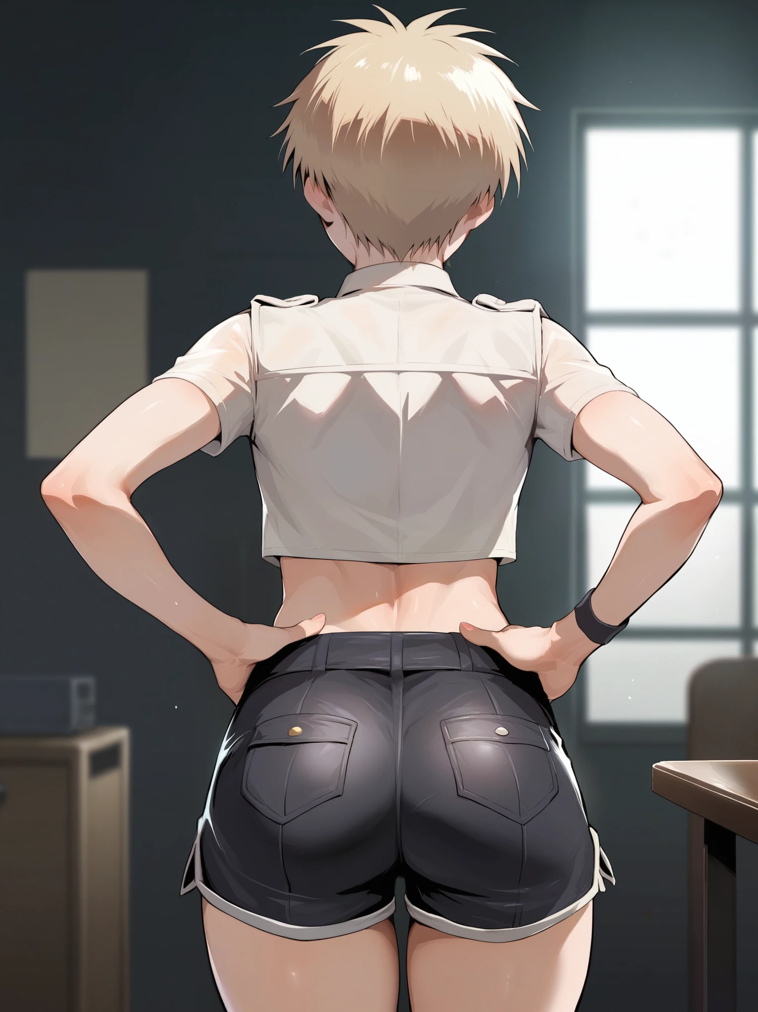 score_9, score_8_up, source_anime, standing, hellsing, seras, femboy, twink, shorts, otoko no, crop top, indoors, ikuchan, smug, smirk, hung, ass, from behind, buttcrack, sfw, rating:safe