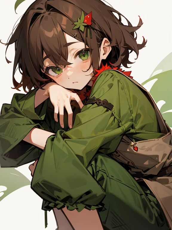 Shota、Brown Hair、Tattered green clothes、cute、hair ornaments、Red Gem