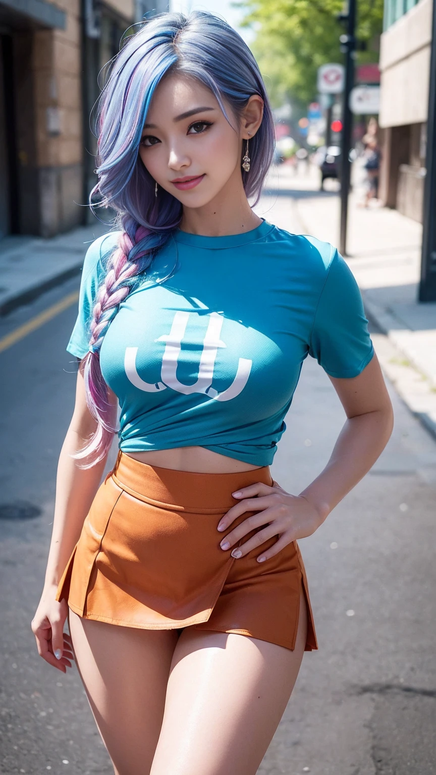 (Top quality),8K,(Masterpiece:1.3),(1 girl:1.3),perfect figure beautiful woman:1.4, (Randon colored Hair, Style, big tit:1.33), ((view the viewer)), (Big smile:1.1)，Realistic,high resolution,Highly detailed face and skin texture, Realistic faces, Original photo, ((Beautiful faces:1.5)) ,Pretty Korean girl, Kpop idol，Perfect body proportions,Whitens skin, ((narrow waist:1.4)), (small ass), (very slim slim well-muscled body:1.2), ((Ultra-detailed face)),The attention to detail,Double eyelids,Eyeshadow strengthening,Eye of detail,Professional lighting,Cinematic lighting, (Focus sharp), (((natural Sporty style))), ((Brightly colored clothing)),((Brightly colored T-shirt，Short skirt)), ((Lively,Active,vivaciousness)), ((Panties)), ((Exposing thighs)), (Erotic:1.6), (((Short skirt that wraps around the hips)))，On the street