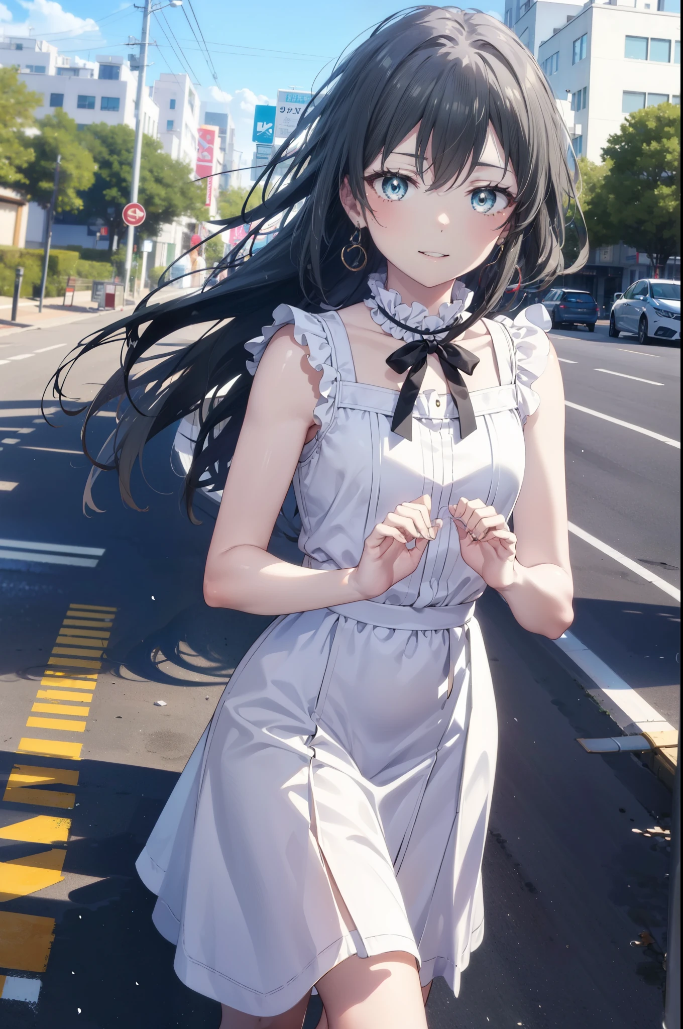 yukinoyukinoshita, Yukino yukinoshita, Black Hair, blue eyes, Long Hair,smile, Small breasts,happy smile, smile, Close your mouth,
, Sleeveless white dress,White long skirt,Cute Sandals,walking,Real Summer,Daytime,sunny,whole bodyがイラストの中に入っていくように,
break outdoors ,city,Building district,Coastal Road break looking at viewer, whole body,
break (masterpiece:1.2), highest quality, High resolution, unity 8k wallpaper, (shape:0.8), (Beautiful and beautiful eyes:1.6), Highly detailed face, Perfect lighting, Extremely detailed CG, (Perfect hands, Perfect Anatomy),