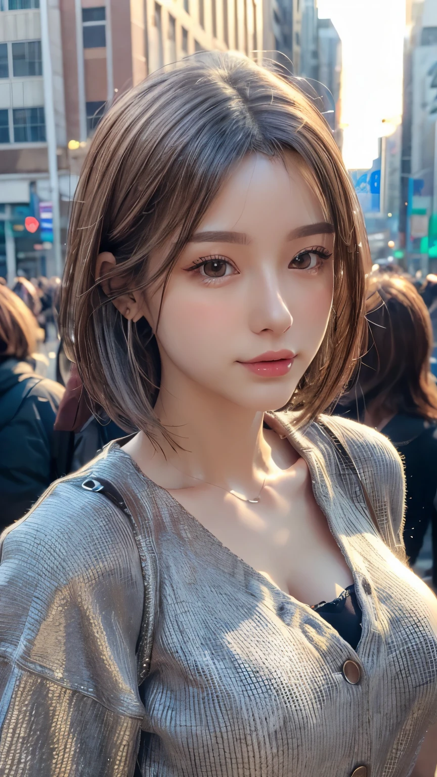 (8k, highest quality, Tabletop:1,2), (Realistic, Photorealistic:1.37), Super Detail, One Girl,), (Very detailedな), (Beautiful and detailed eyes), (highest quality), (Very detailed ), (Tabletop), (Detailed face),20-year-old, whole body, One girl, View your viewers, A cityscape full of people, sunset, sunny day, crowd, Silver Hair, Very short hair, Excited face:1.5), Dressed、The chest is visible