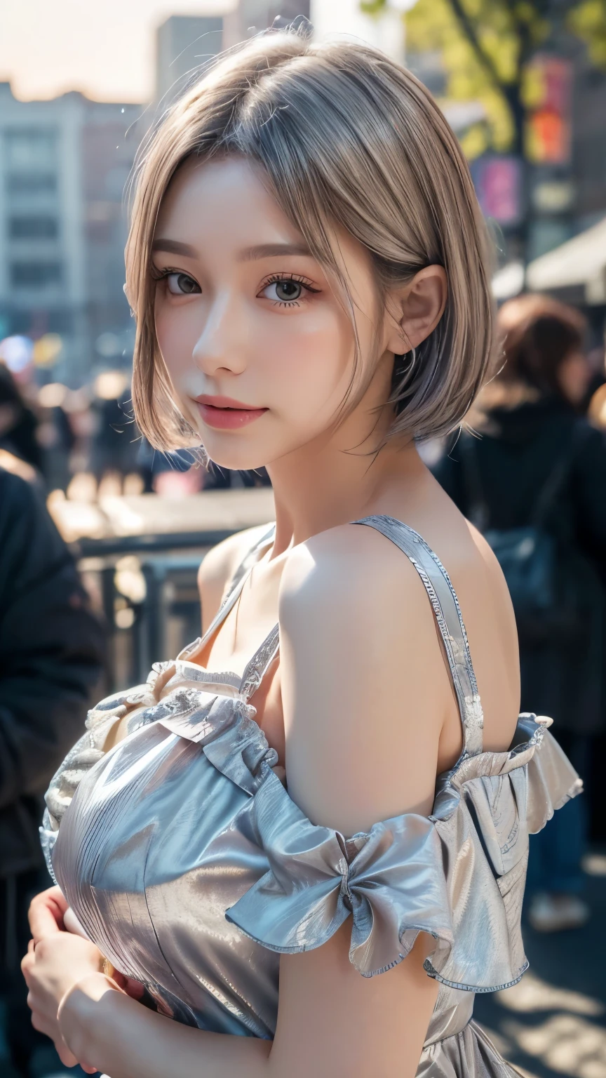(8k, highest quality, Tabletop:1,2), (Realistic, Photorealistic:1.37), Super Detail, One Girl,), (Very detailedな), (Beautiful and detailed eyes), (highest quality), (Very detailed ), (Tabletop), (Detailed face),20-year-old, whole body, One girl, View your viewers, A cityscape full of people, sunset, sunny day, crowd, Silver Hair, Very short hair, Excited face:1.5), Dressed、The chest is visible