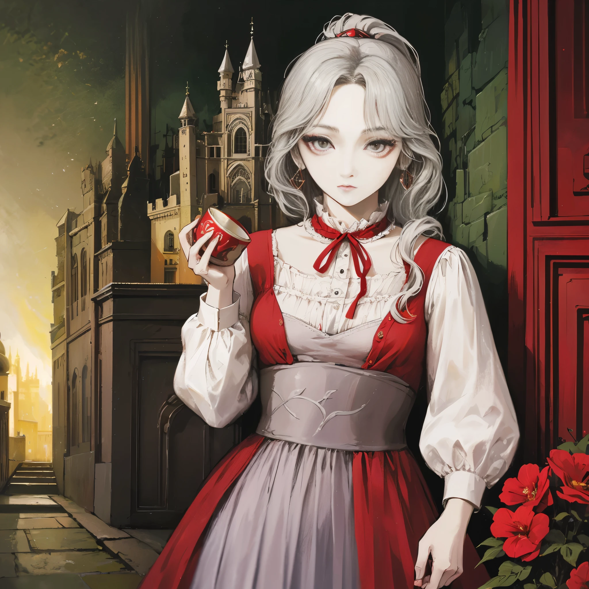 Gray Hair, Gray Eyes, ponytail, Royalty, Red Jewelry, Red Earrings, Lunar, Nobility, Nobleman, High Quality, Highly Detailed, Detailed Face, Masterpiece, Castle, Drinking Tea, Garden, Flowers, Lights