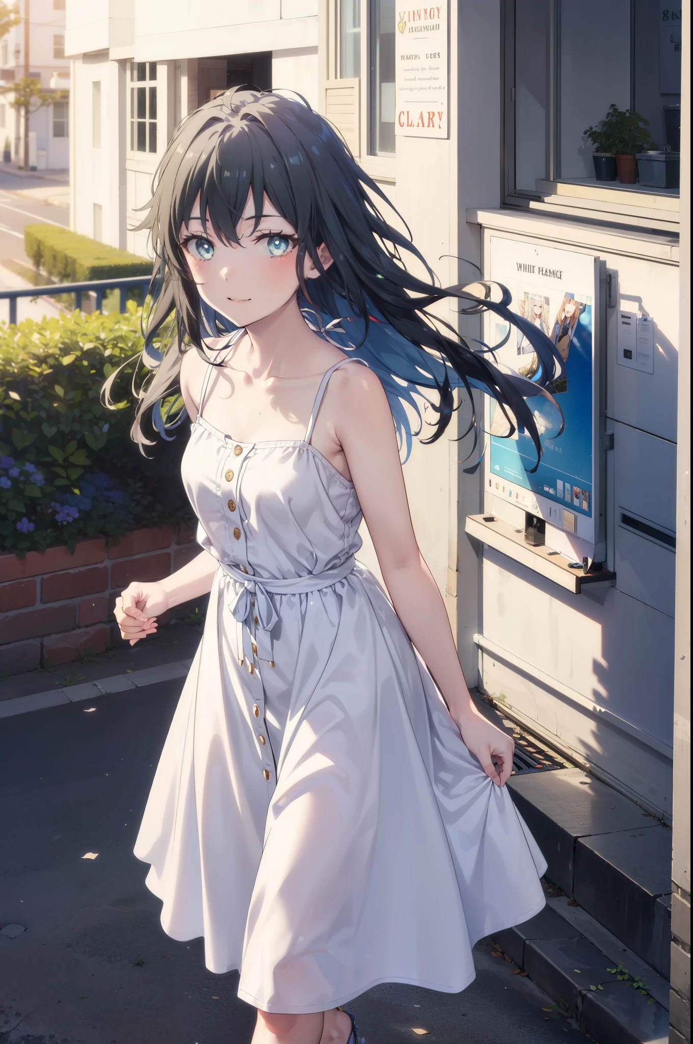 yukinoyukinoshita, Yukino yukinoshita, Black Hair, blue eyes, Long Hair,smile, Small breasts,happy smile, smile, Close your mouth,
, Sleeveless white dress,White long skirt,Cute Sandals,walking,Real Summer,Daytime,sunny,whole bodyがイラストの中に入っていくように,
break outdoors ,city,Building district,Coastal Road　　　　　　　　　　　　　　　break looking at viewer, whole body,
break (masterpiece:1.2), highest quality, High resolution, unity 8k wallpaper, (shape:0.8), (Beautiful and beautiful eyes:1.6), Highly detailed face, Perfect lighting, Extremely detailed CG, (Perfect hands, Perfect ???????),