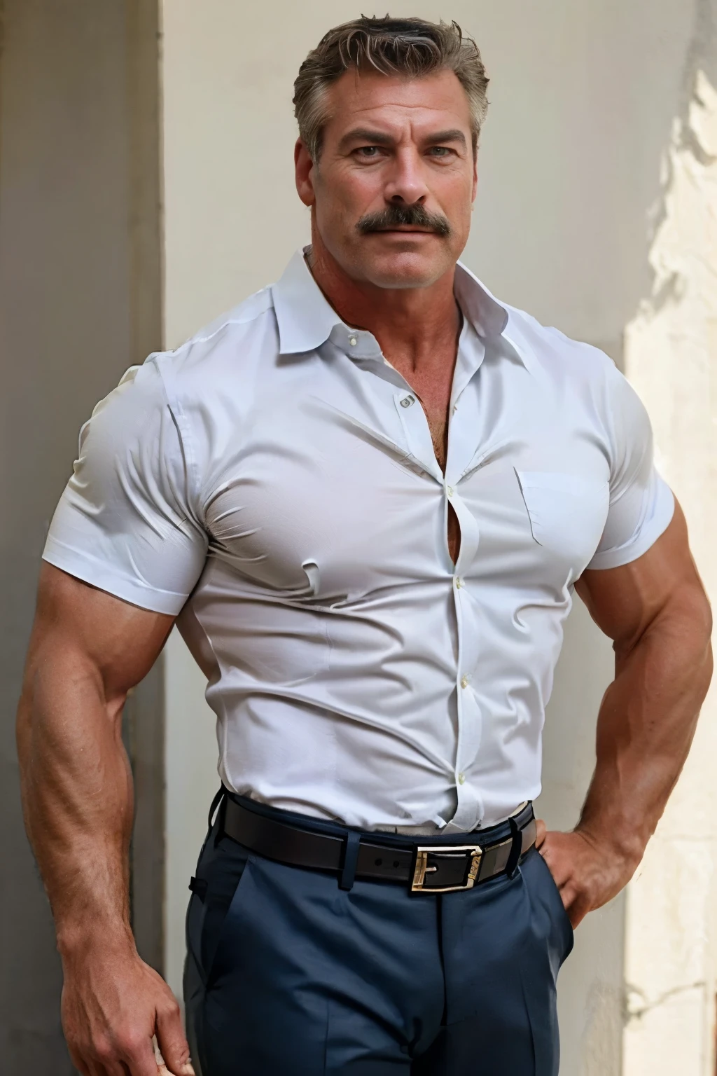 age 60, white man police detective with a mature, kind demeanor, strong and muscular yet chubby build, mustache, wearing dress pants and a buttoned-open translucent shirt that reveals a hairy chest and a noticeable bulge, wearing detective badge on belt, giving off a hint of a horny yet disgusting aura, completing the look with comfortable loafers.