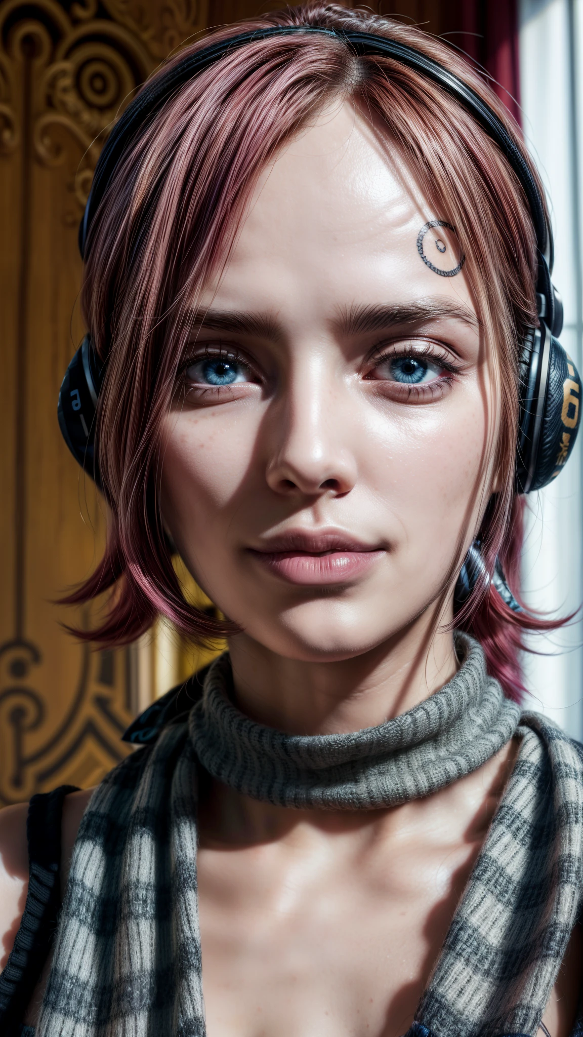 ultra realistic 8k cg, masterpiece, ((ultra detailed background, delicate pattern, intricate detail)), (highly detailed, fine details), best quality, 1girl, (photorealistic:1.4),beautiful lighting,  absurdres, RAW photo, film grain, ((medium breasts, slim girl)), ReijuV2, 1girl, solo, pink hair, hair over one eye, blue eyes, short hair, smile, tattoo, hairband, dress, scarf, headphones, gloves, (complex detailed background, inside, room environment, bedroom, posters, window), ((twirly eyebrows, hyperdetailed eyebrows, close-up, portrait)),  