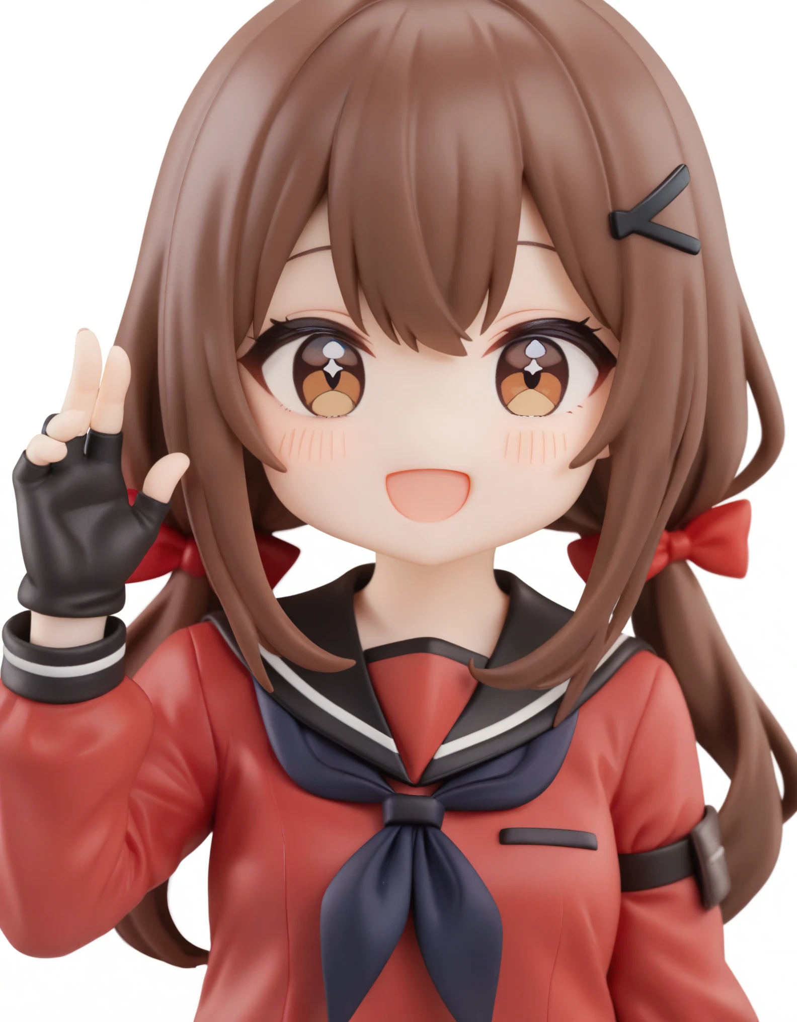 1girl,
solo,star \(symbol\),looking at viewer,upper body,blush,open mouth,fingerless gloves,hairclip,brown eyes,low twintails,black sailor collar,simple background,sailor collar,smile,black gloves,,gloves,bow,long sleeves,hair bow,hand up,red shirt,shirt,brown hair,red bow,serafuku,long hair,white background,hair ornament,twintails,black neckwear,
masterpiece,best quality,safe,