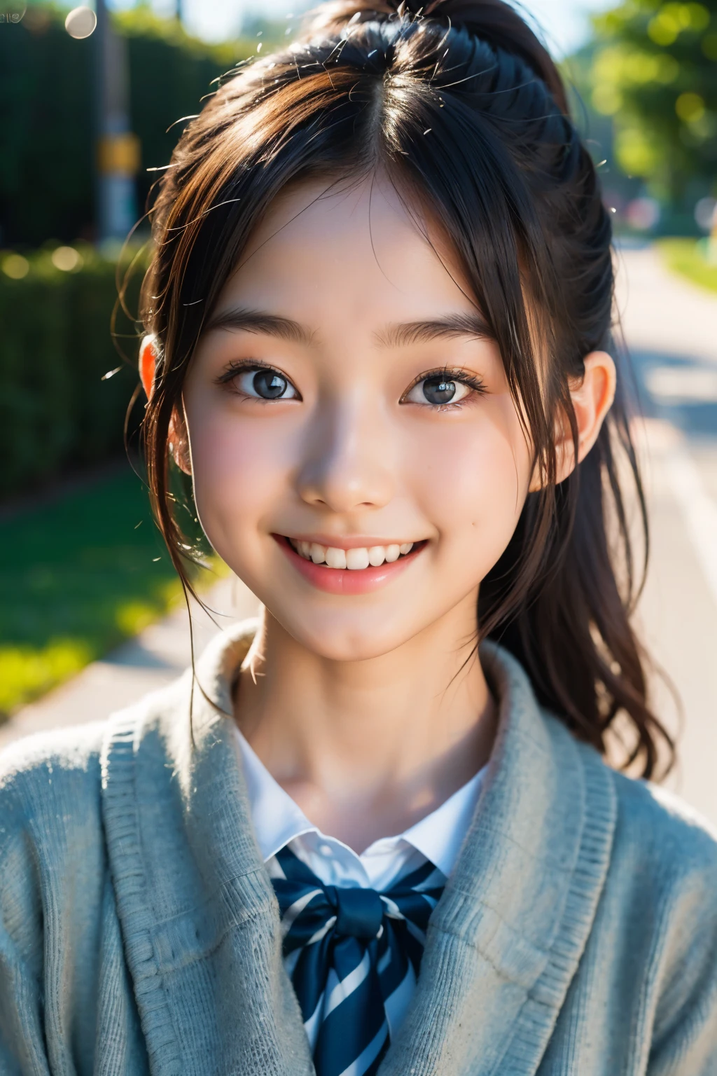 lens: 135mm f1.8, (highest quality),(RAW Photos), (Tabletop:1.1), (Beautiful  Japan girl), Cute face, (Deeply chiseled face:0.7), (freckles:0.4), dappled sunlight, Dramatic lighting, (Japanese School Uniform), (On campus), shy, (Close-up shot:1.2), (smile),, (Sparkling eyes)、(sunlight), ponytail