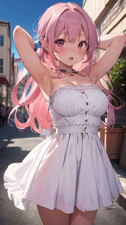 masterpiece、highest quality、Very detailed、Photograph the upper body、1 female、(Put your arms behind your back:1.4)、Are standing、Turn your body forward、View your viewers、(strapless-dress)、break,blush、shy、Pink Hair、Open your mouth、Party Venue、Big Breasts、