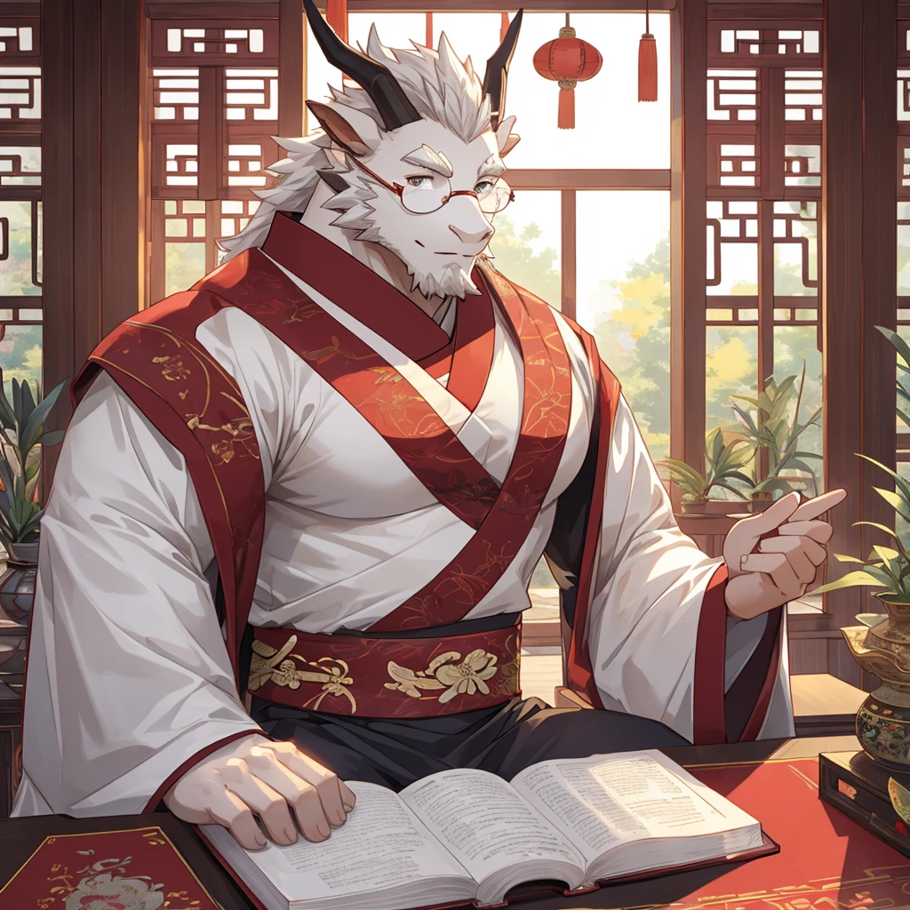 (white eastern dragon),furry,fuii body shot,white mustache,big pecs,hearty males,artbook,muscular,rimless_eyewear,Hanfu,holding_stylus,sitting_on_desk,adult,traditional_chinese_room