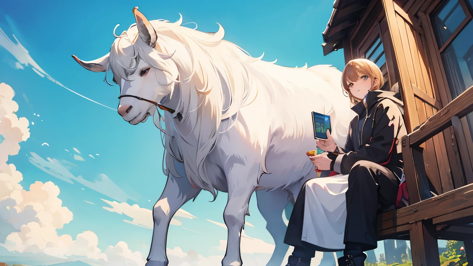 a man in the sun, a giant goat in the background