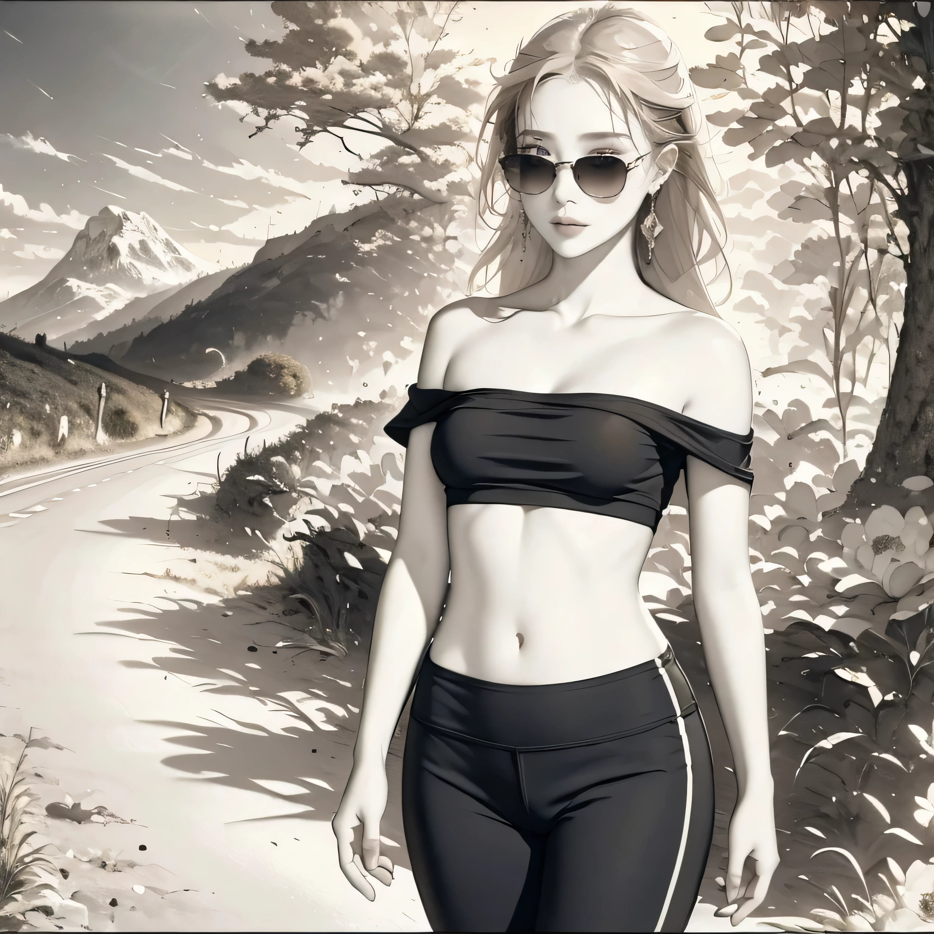 (masterpiece, best quality:1.2), 1 Girl, Solitary，A girl，Red Off-The-Shoulder Tank Top，abdomen，Black tight yoga pants，On winding mountain roads，Wearing sunglasses，Big earrings，Delicate face，The long legs are particularly eye-catching，Standing on the roadside，There are red roses and green grass on both sides of the road，Road signs，Lush，Mountains in the distance