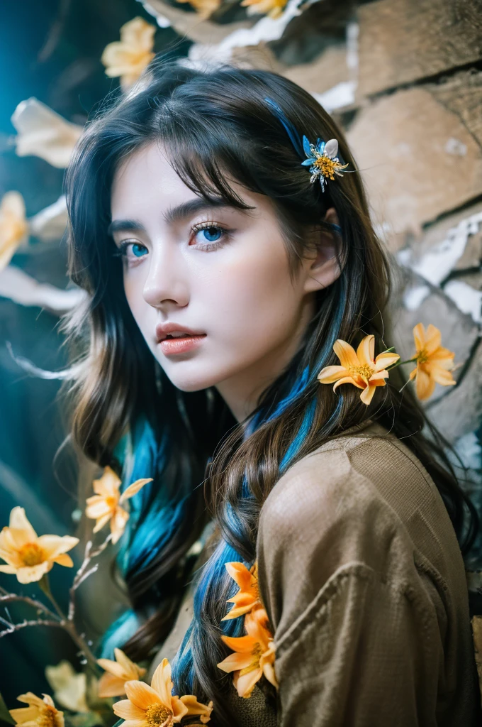 ( masterpiece, top quality, best quality,8k,17 years old girl,ultra detailed,raw photo:1.5),(photorealistic:1.4), (cinematic lighting), PerfectNwsjMajic, , Surrealism, UHD, ccurate, Super detail, textured skin, High detail, Best quality, dynamic angle, White skin,[Beautiful blue eyes], high nose,[flat chest:large breasts:0.5],(1girl),((good anatomy:0.5)),(covered in flowers:1.4), night sky, joint, interested in, fire and ice, (The image is divided into two，Available in a variety of colors:2), eyes blues, sapphire, liquid metal, night sky, (Look at an angle:1.3), (fire and ice), ((Lower chrome)), (hairpin:1.4), (forest:1.3), (fog: 1.3),  Subtle colors and tones, mystical aura ,dreamy atmosphere,expressive brush strokes, mystical ambiance, Artistic interpretation,Wonderland, blue glowing flowers tone, upper body, long hair, light brown streaked hair, brown hair
