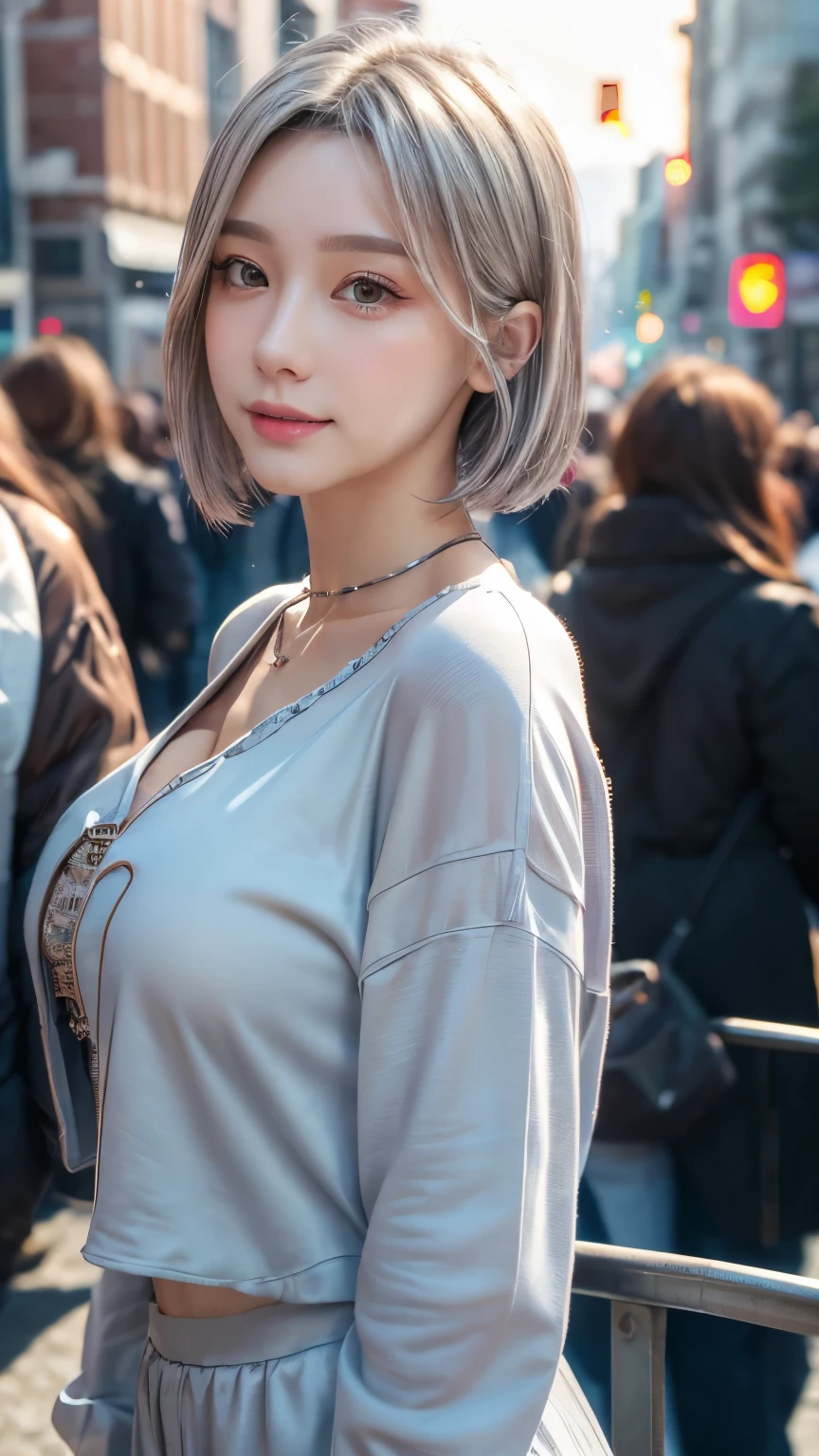 (8k, highest quality, Tabletop:1,2), (Realistic, Photorealistic:1.37), Super Detail, One Girl,), (Very detailedな), (Beautiful and detailed eyes), (highest quality), (Very detailed ), (Tabletop), (Detailed face),20-year-old, whole body, One girl, View your viewers, A cityscape full of people, sunset, sunny day, crowd, Silver Hair, Very short hair, Excited face:1.5), Dressed、The chest is visible