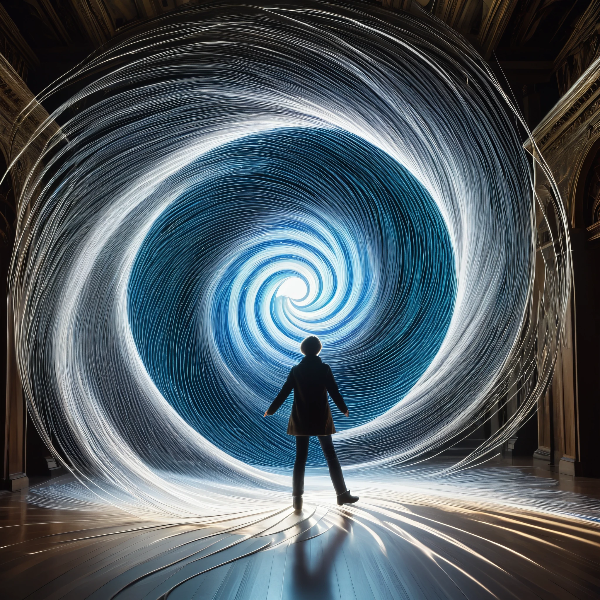 	A lone figure stands on the threshold of time, surrounded by swirling vortexes of light. With a needle and thread in hand, they stitch together the fabric of reality, weaving pathways through time and space to explore the mysteries of the universe.