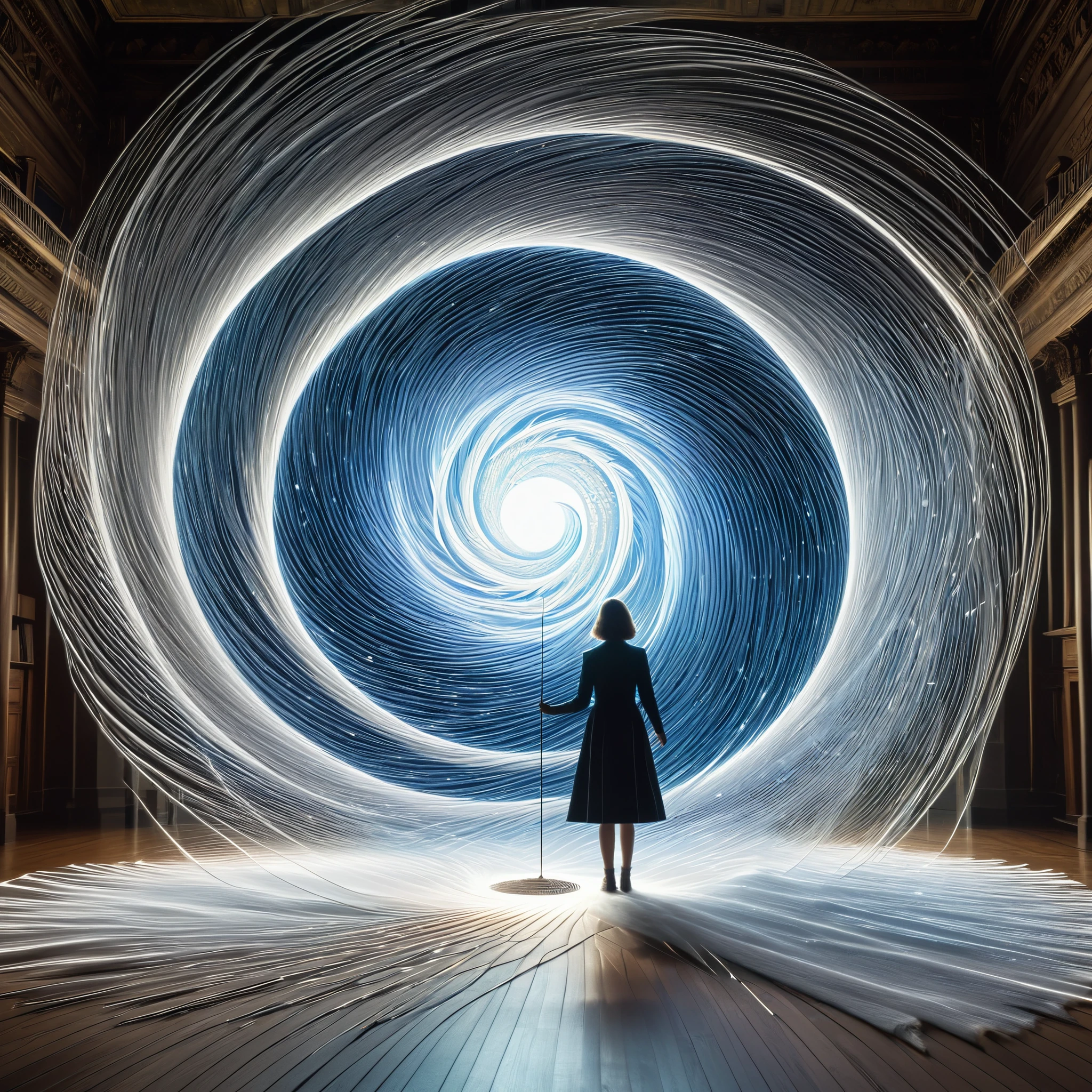 	A lone figure stands on the threshold of time, surrounded by swirling vortexes of light. With a needle and thread in hand, they stitch together the fabric of reality, weaving pathways through time and space to explore the mysteries of the universe.