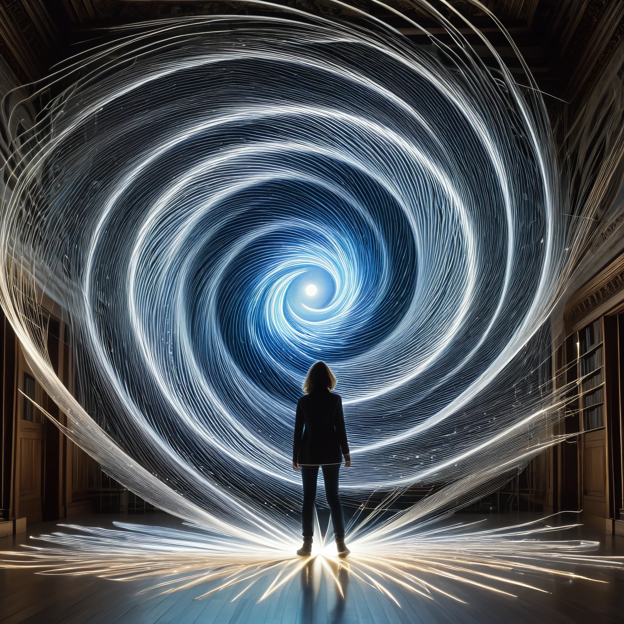 	A lone figure stands on the threshold of time, surrounded by swirling vortexes of light. With a needle and thread in hand, they stitch together the fabric of reality, weaving pathways through time and space to explore the mysteries of the universe.