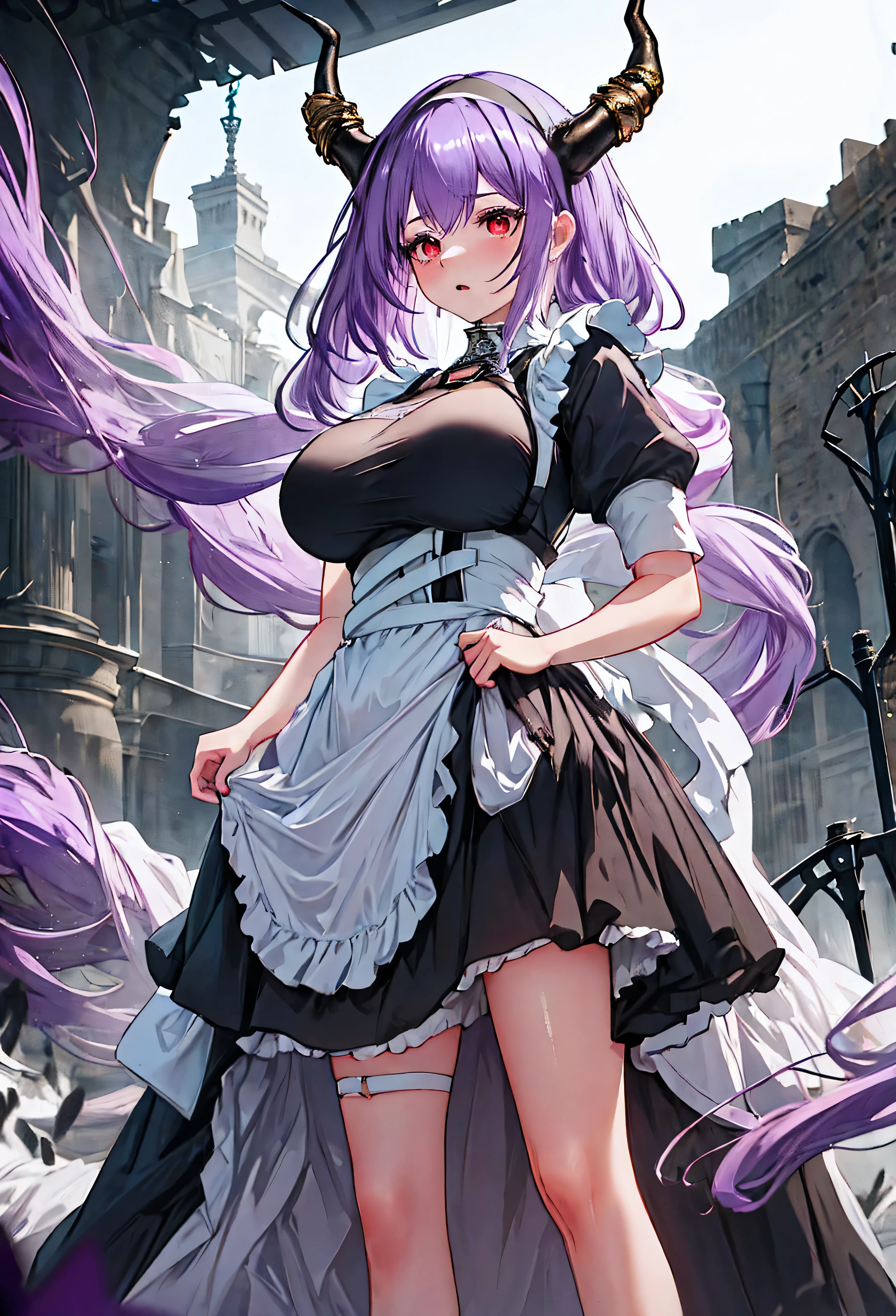 Typhon| Ark Knight, dragon horns, dragon tail, very long hair, hairband, purple hair, red eyes, large breasts,  In a dark night, an eunectes_arknights stands alone, with her very long hair flowing down. She is wearing a hairband and her hair is purple. Her eyes are piercing red. The artwork is of the best quality, a masterpiece in high resolution. The eunectes_arknights is dressed as a maid, wearing a long maid dress that adds a touch of elegance to her appearance. She is 21 years old., Expressing anger, angry,