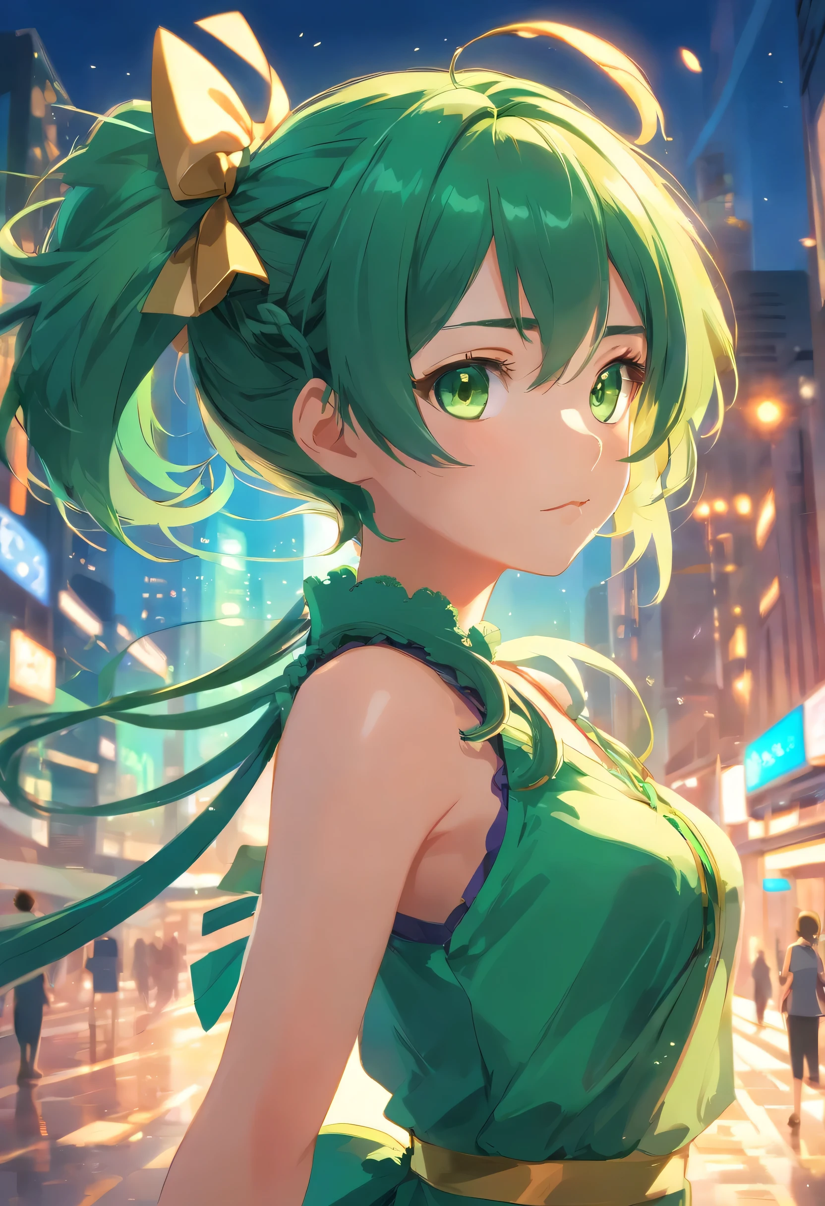 1 girl, Green Hair, Messy Hair, Small twin-tail braids in front of hair, Green Eyes, Luxurious and luxurious golden ribbon(arms) Hang on your back, Dress neatly, Shooter,
