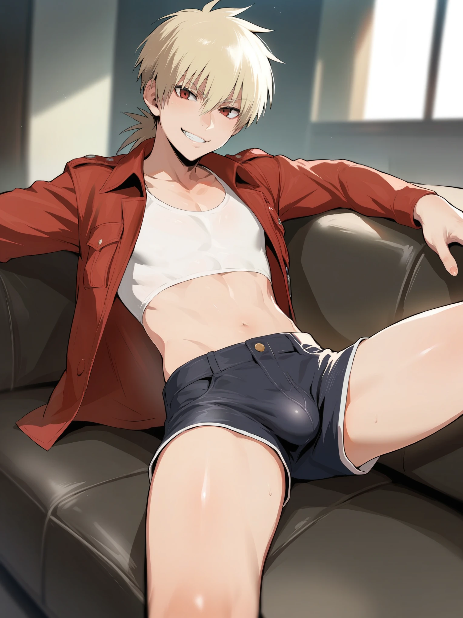 score_9, score_8_up, source_anime, standing, hellsing, seras, femboy, , shorts, otoko no, crop top, indoors, ikuchan, smug, smirk, hung, laying down, on couch, couch, spreading legs