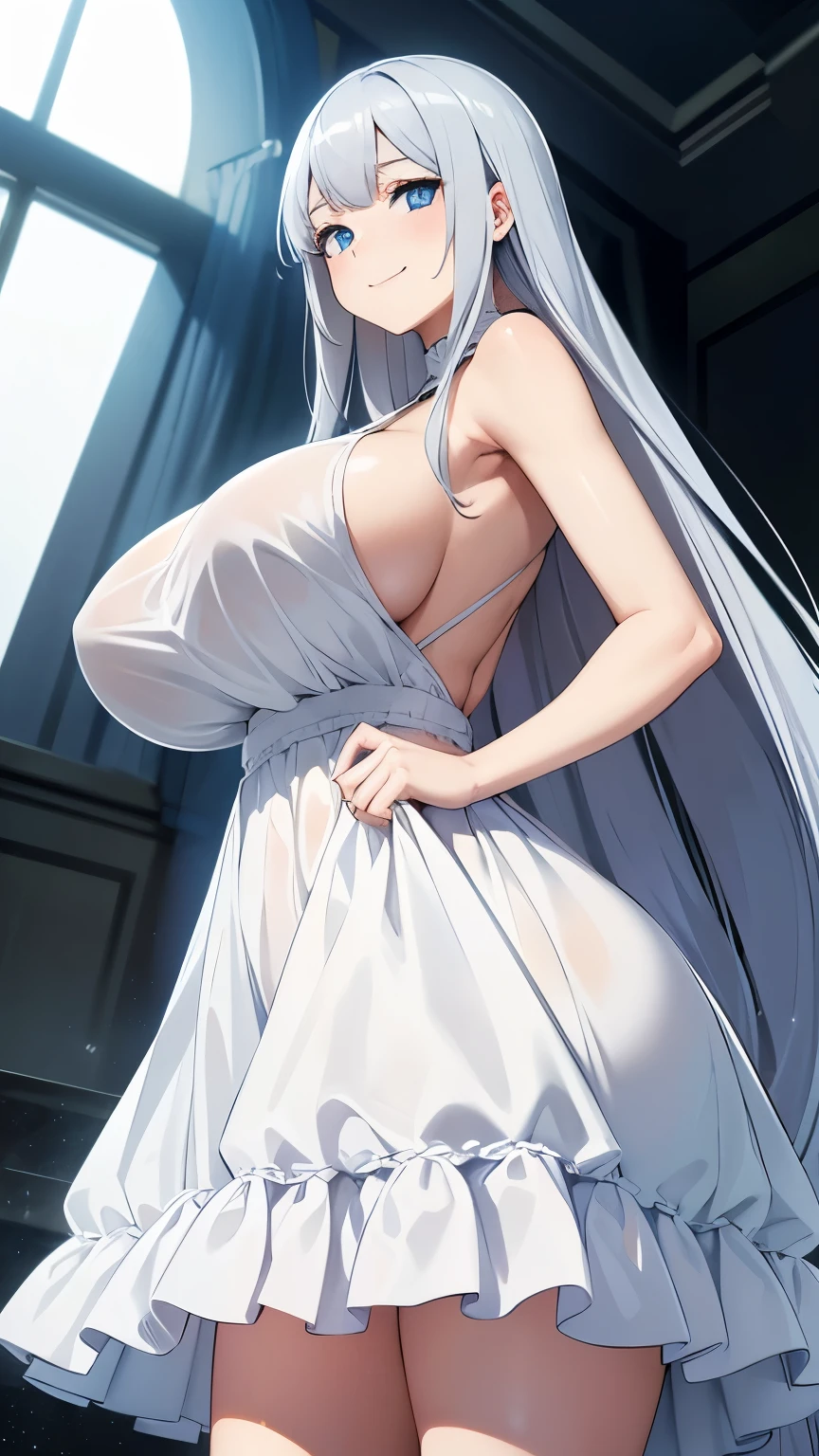 masterpiece, highest quality, Very detailed, anime, girl, (View from below,) Shiny, woman, young, Long bangs between the eyes, Grey Hair, Shiny Hair, (((Very long hair))), Ridiculously long hair, Cute face, Mouth closed, (((Huge breasts))), Beautiful and delicate blue eyes, White skin, ((backless dress)), Darter Dress, White Skirt, (((Exposure))), White clothes, White underwear, ((Shiny skin,)) (((light smile,))) flight, See through,