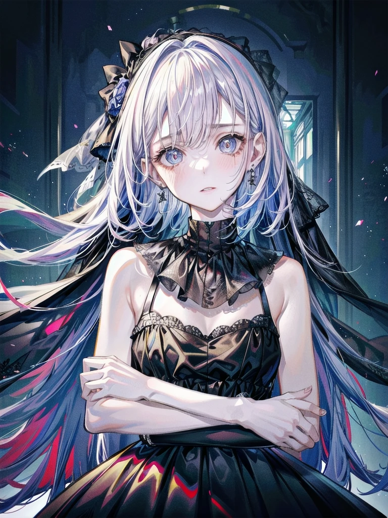 full body shot, sickly girl, black dress, face veil, mansion, hall, absurdres, RAW photo, extremely delicate and beautiful, masterpiece, Best Quality, ultra high resolution, 32k, hyperrealistic, ultra-detailed description, pale skin, 20 years old, detailed beautiful face and eyes, tearful mole, earring, short medium wavy hair,
