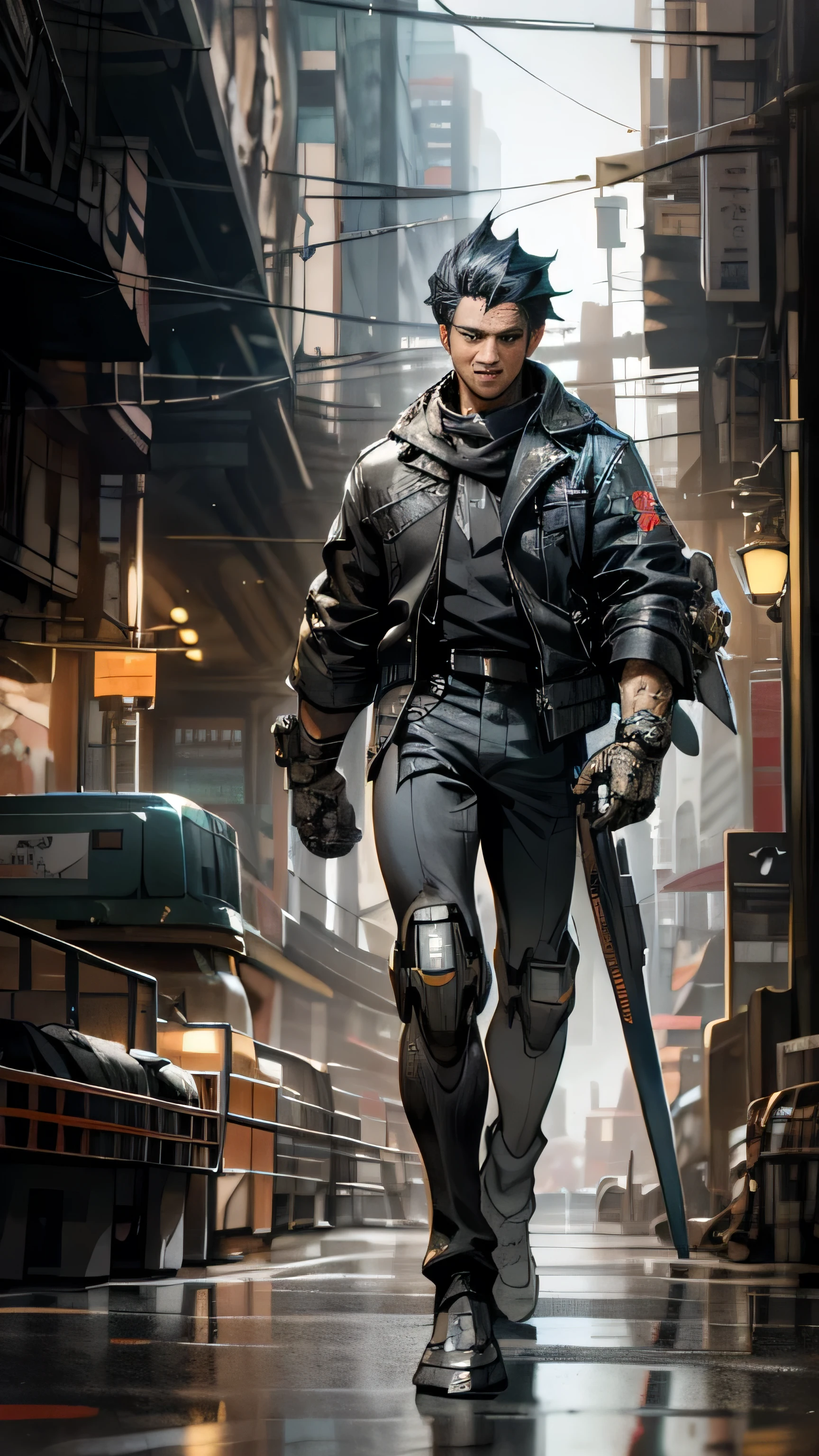 archer, best quality, cinematic light, Very detailed CG unified 4k wallpaper, Complicated details, city background, full body, face focus, concept art, The art of production,highres, realistic, photo-realistic, physically-based rendering, machinery, reflection, realistic, cyberpunk, symmetric front view, symmetry face very sharp focus, realistic, award-winning matte drawing cinematic light 1 man, mechs, illustration, muscular, Asian skin of the dedicated face, leather jacket, shine, Tights, blue-eyed, battlefield, chips, shine, full body,